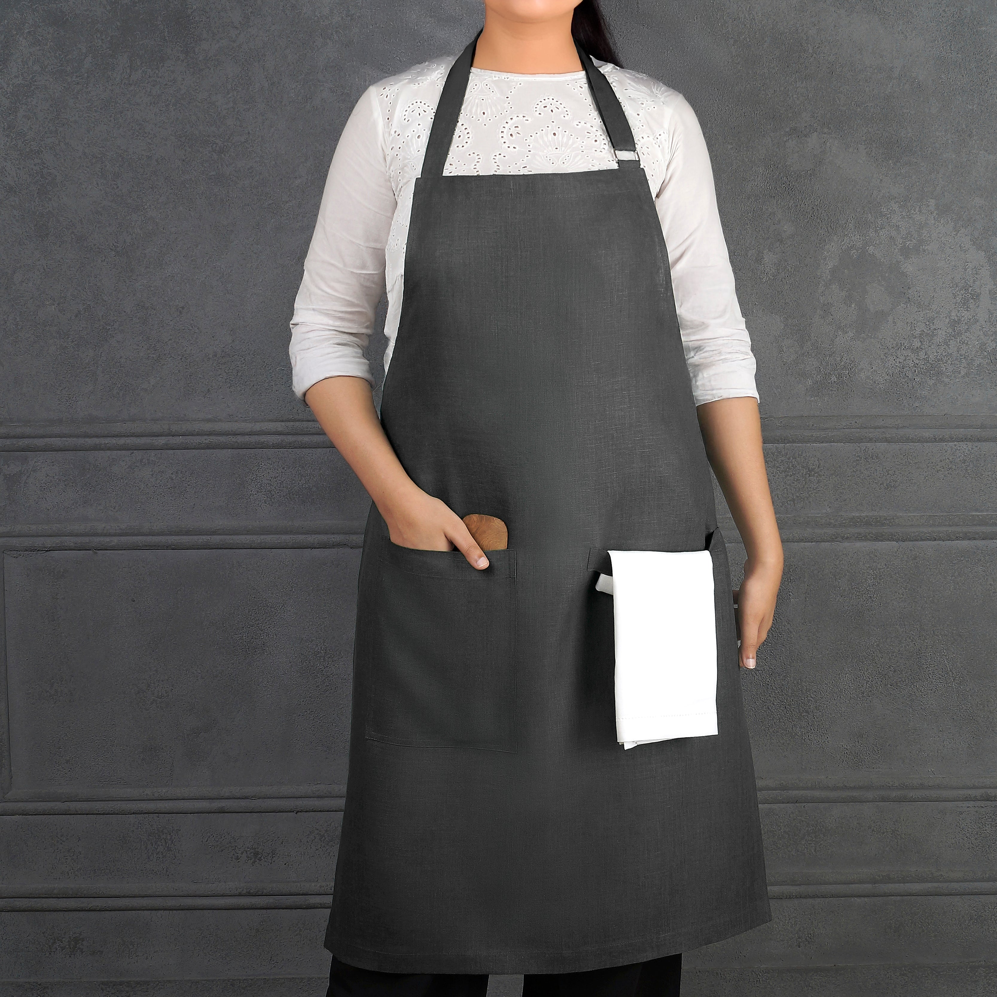 Charcoal Grey Linen Apron - Adjustable Strap