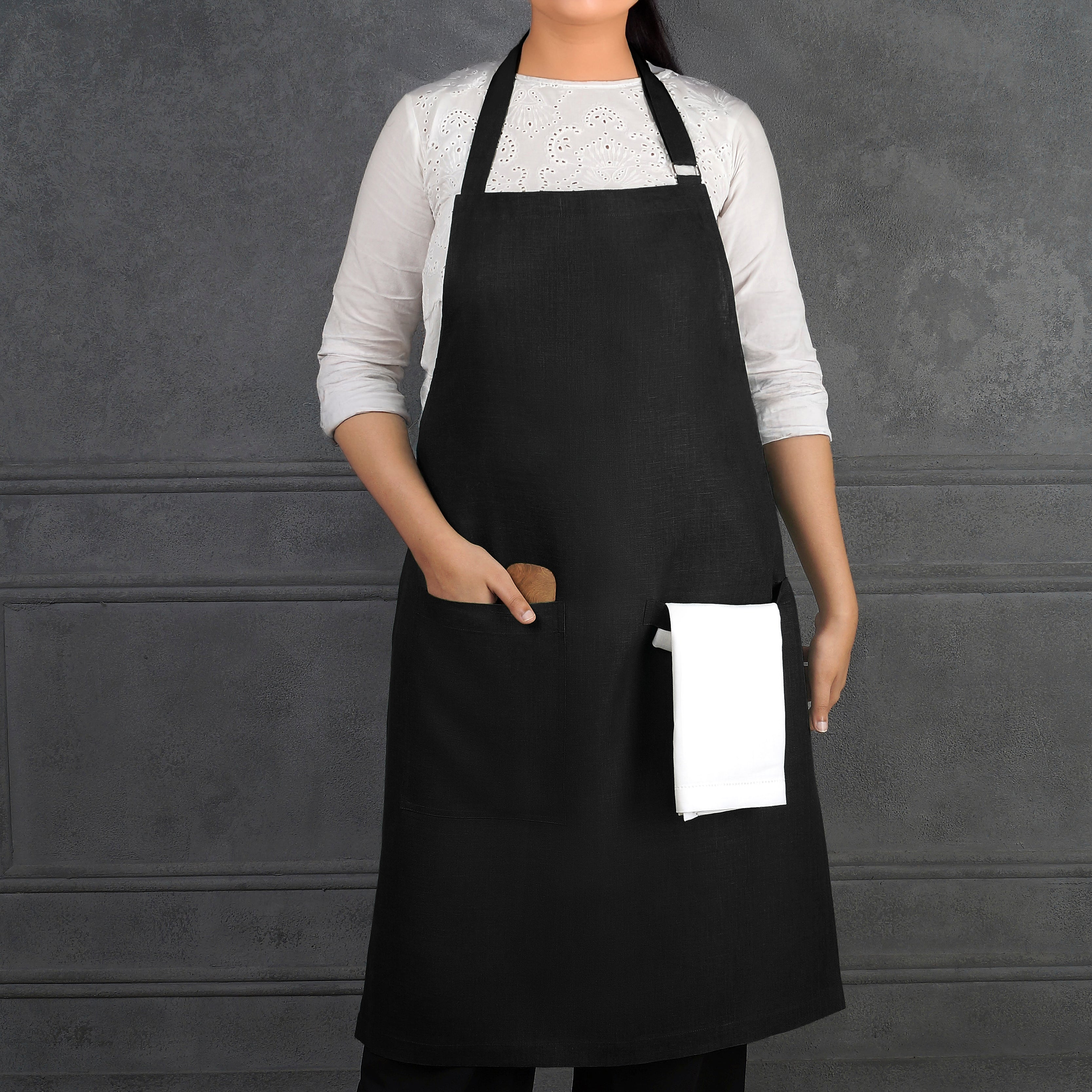 Black Linen Apron - Adjustable Strap
