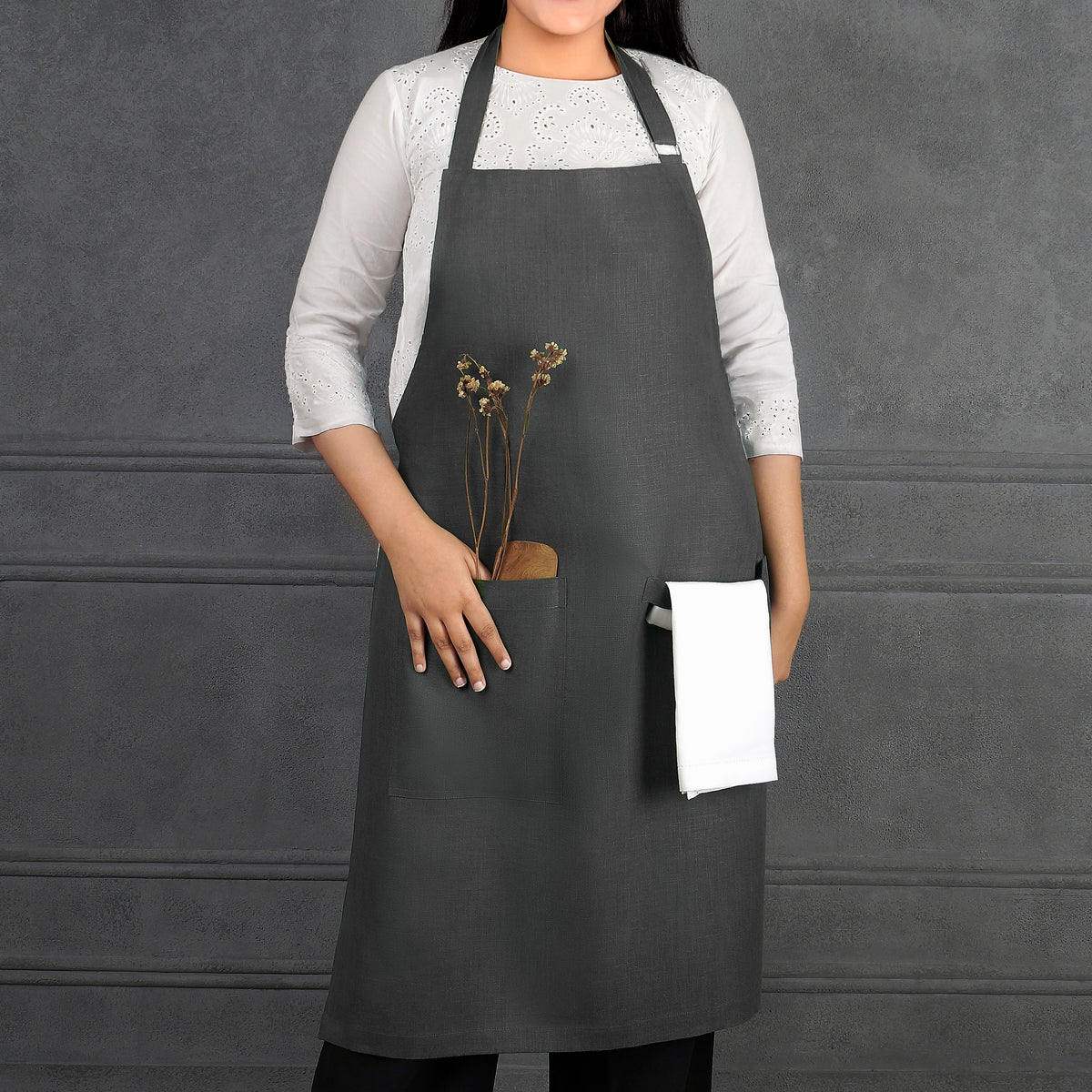 Charcoal Grey Linen Apron - Adjustable Strap
