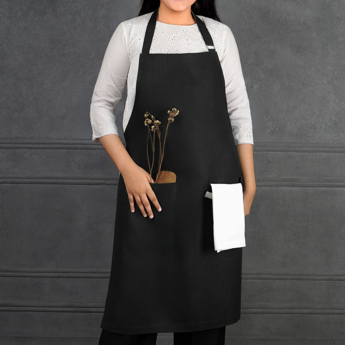 Black Linen Apron - Adjustable Strap
