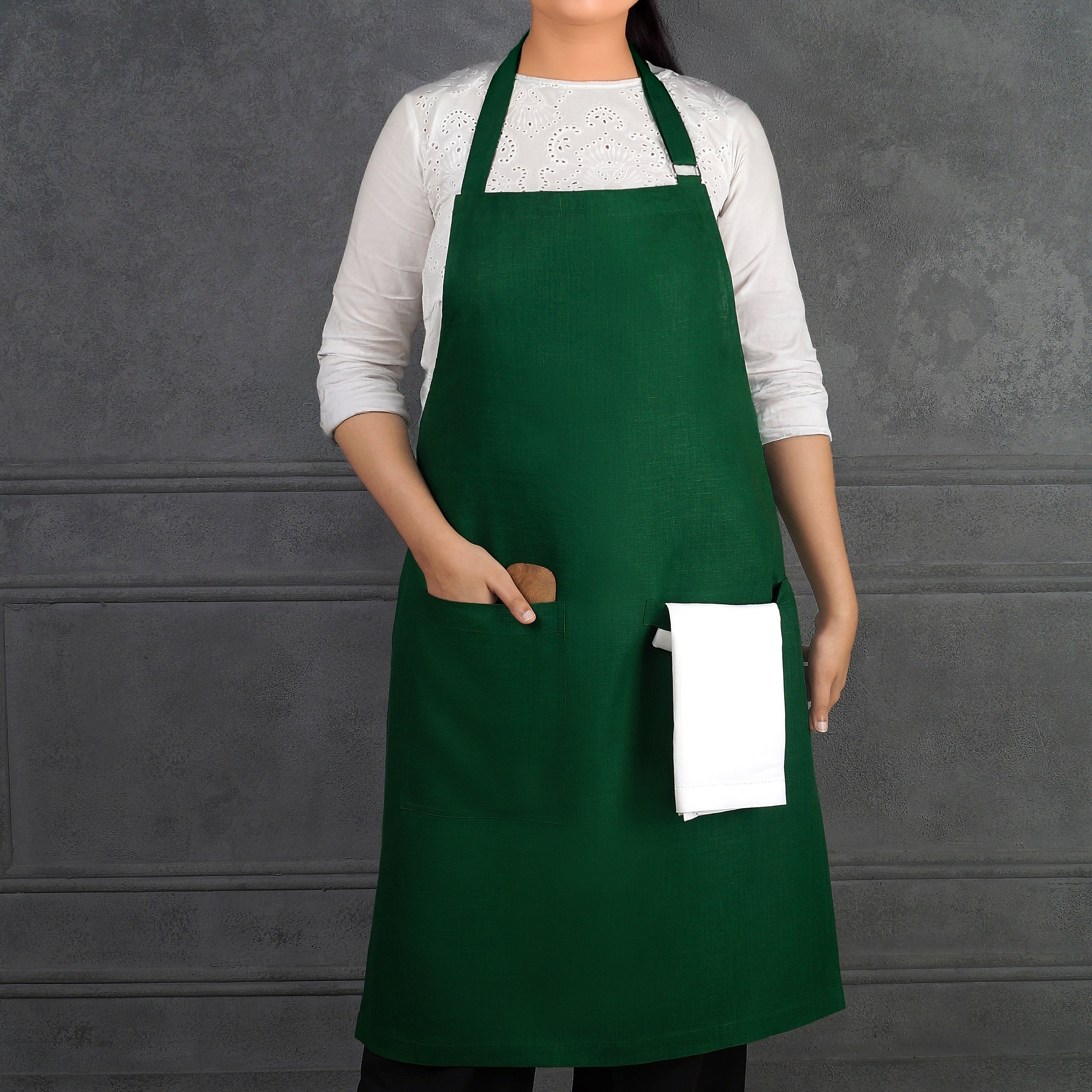 Forest Green Linen Apron - Adjustable Strap