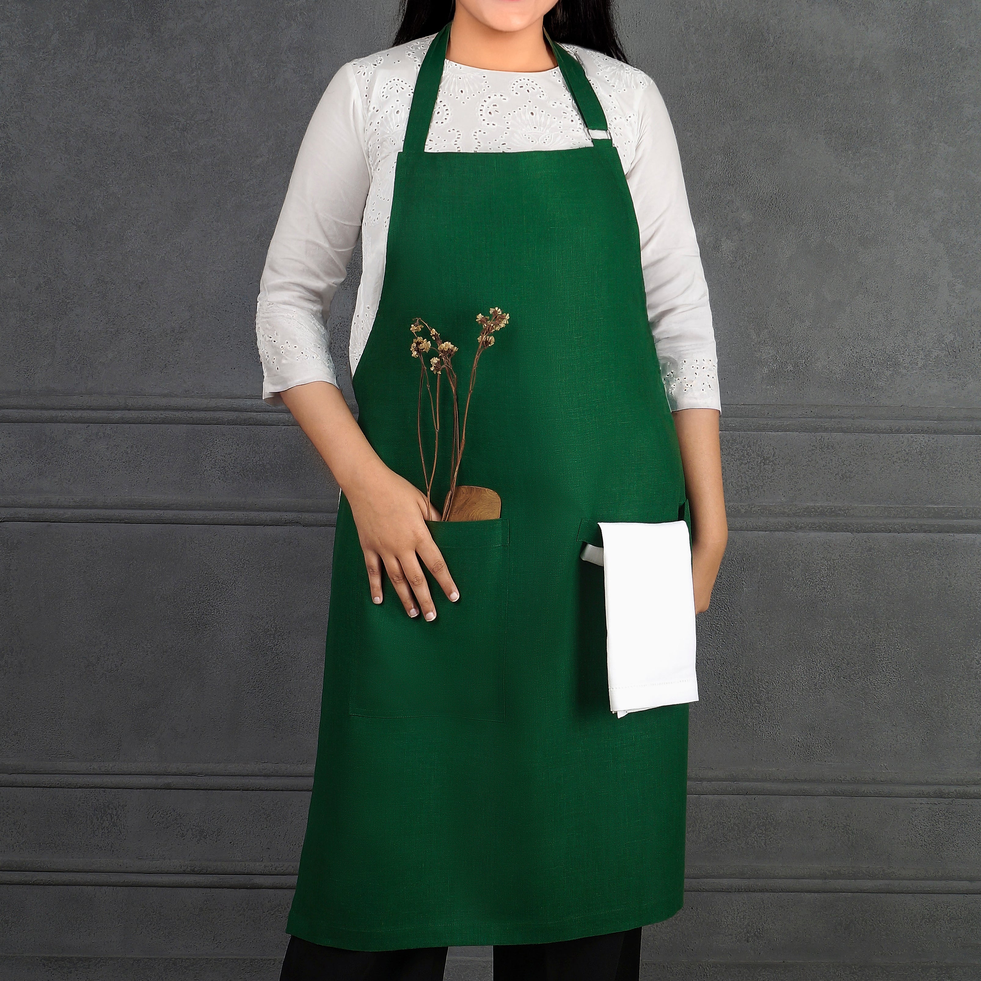 Forest Green Linen Apron - Adjustable Strap
