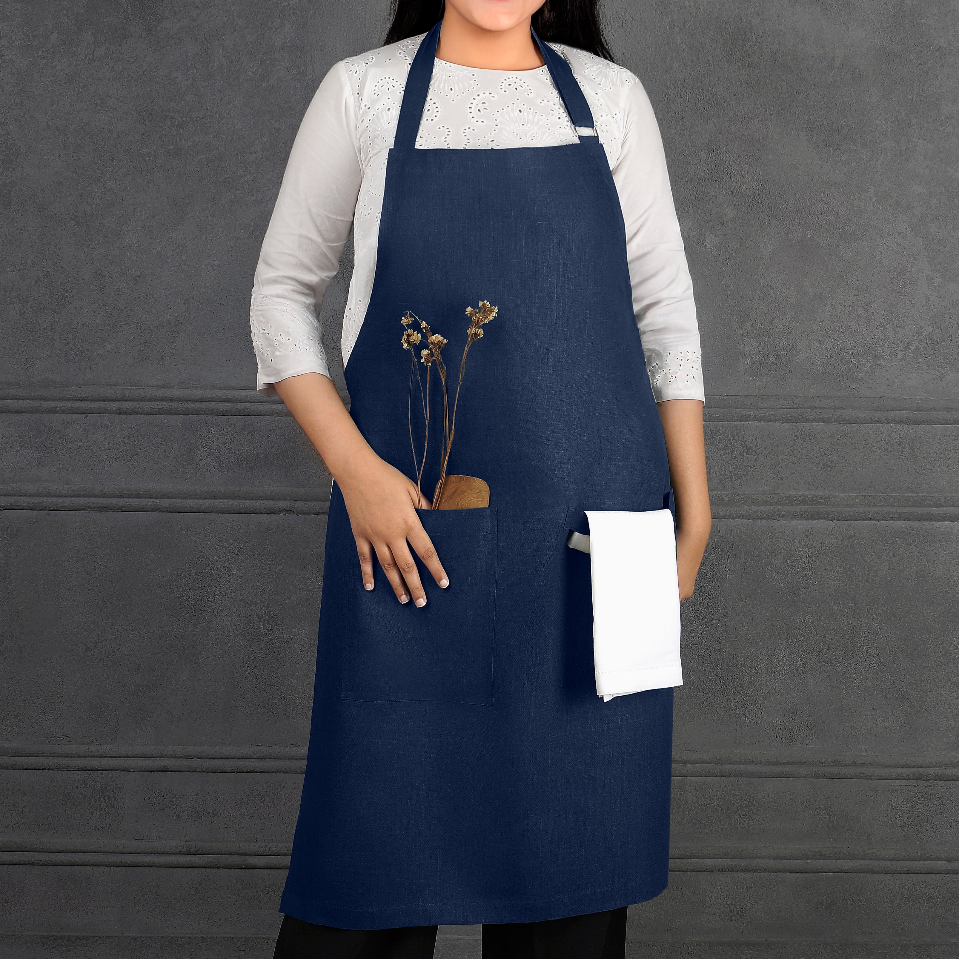 Navy Blue Linen Apron - Adjustable Strap