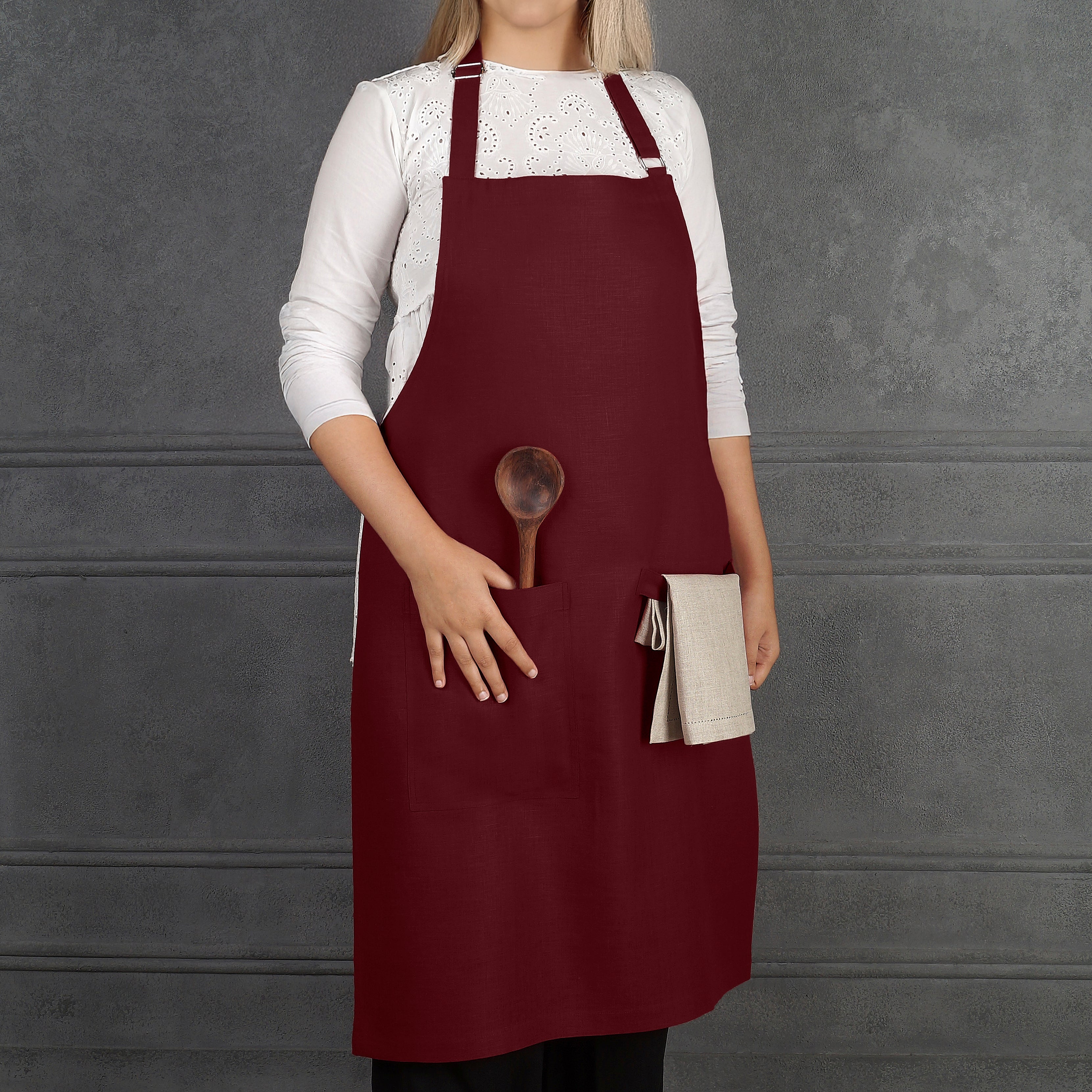 Dark Red Linen Apron - Adjustable Strap