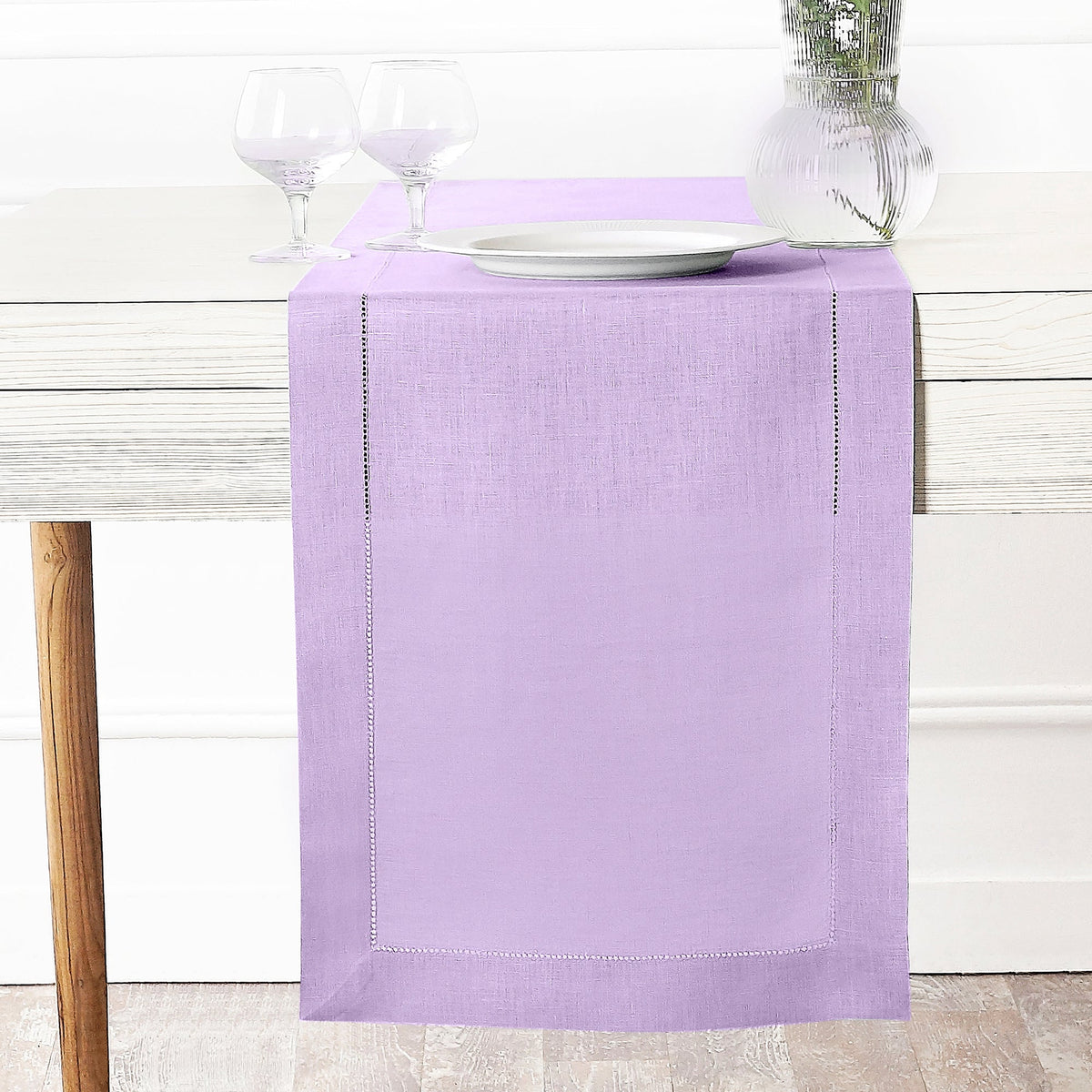 Lavender linen table runner with hemstitch edge, 14 x 36 inches