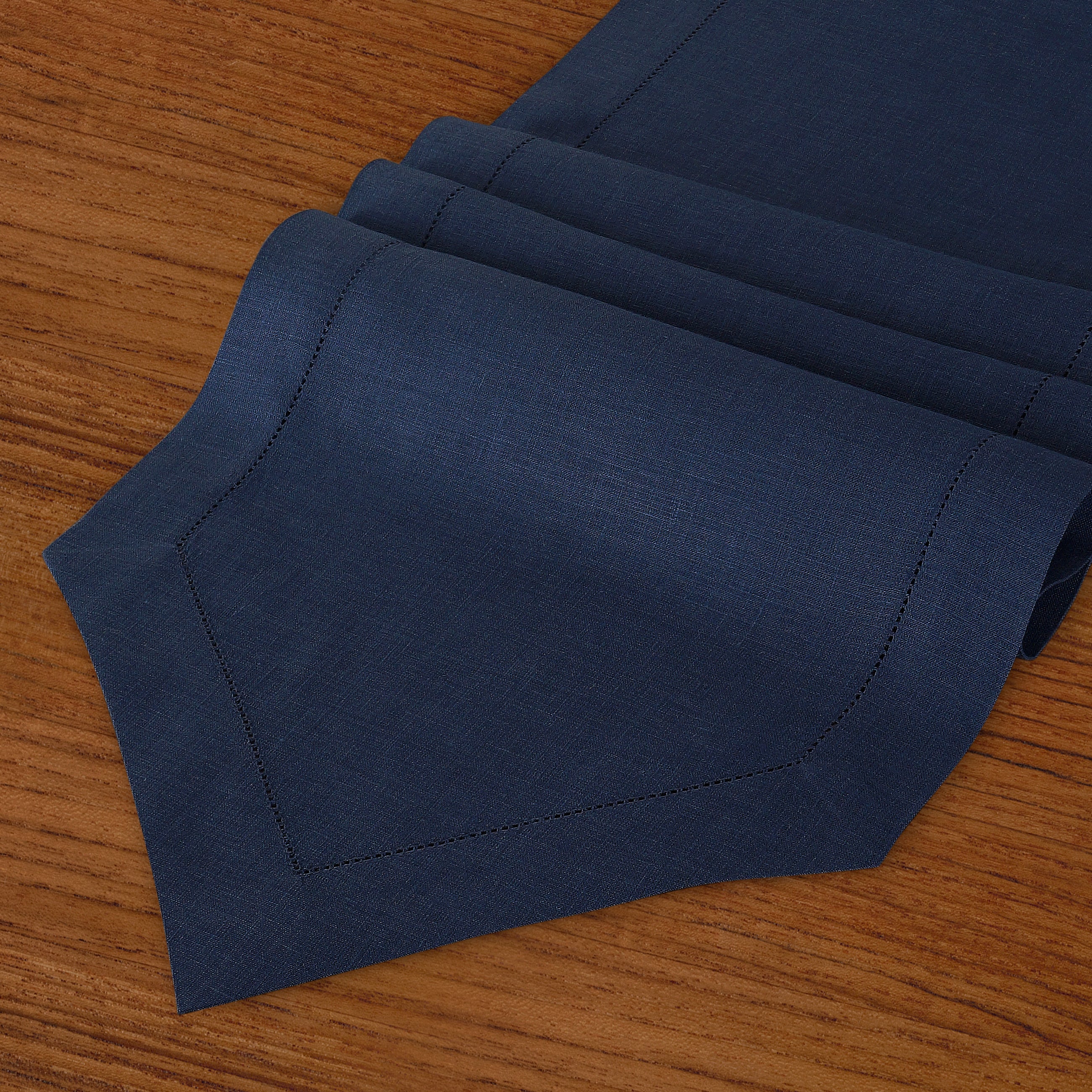 Close-up of the weave on a navy blue pure linen table runner