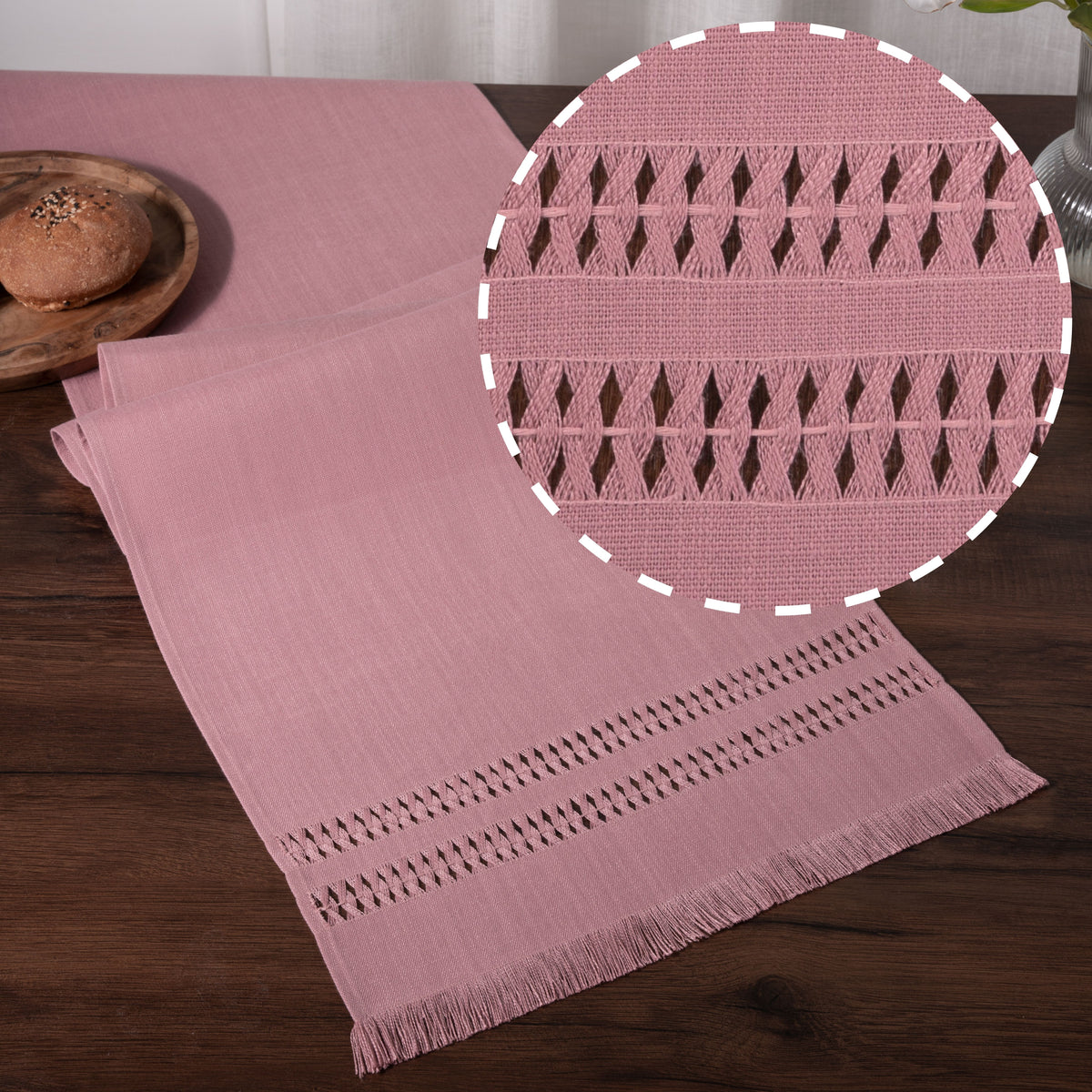 Dusty pink faux linen table runner with hand-hemstitch edge, 14 x 72 inches