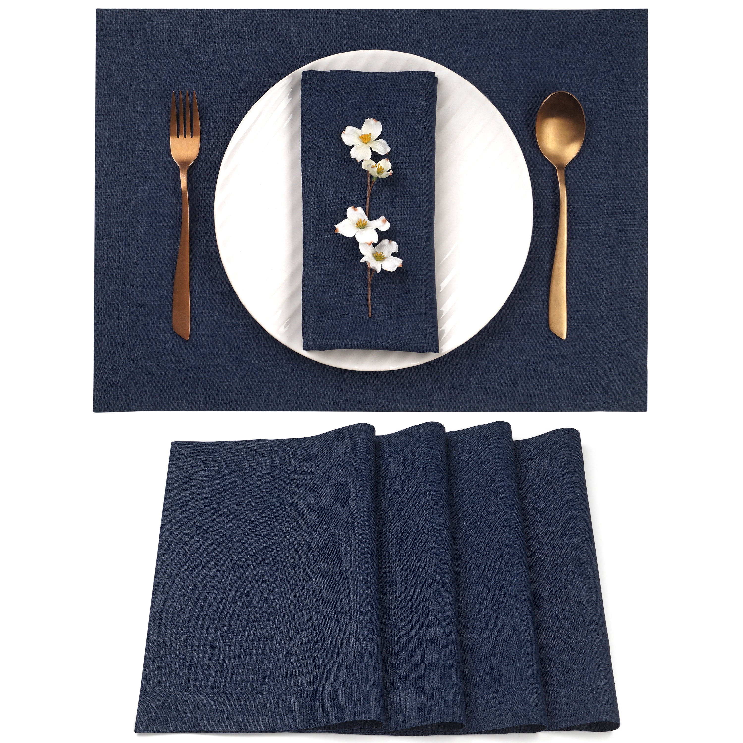 Navy blue pure linen placemats with mitered corners, 14 x 19 inches, set of 4