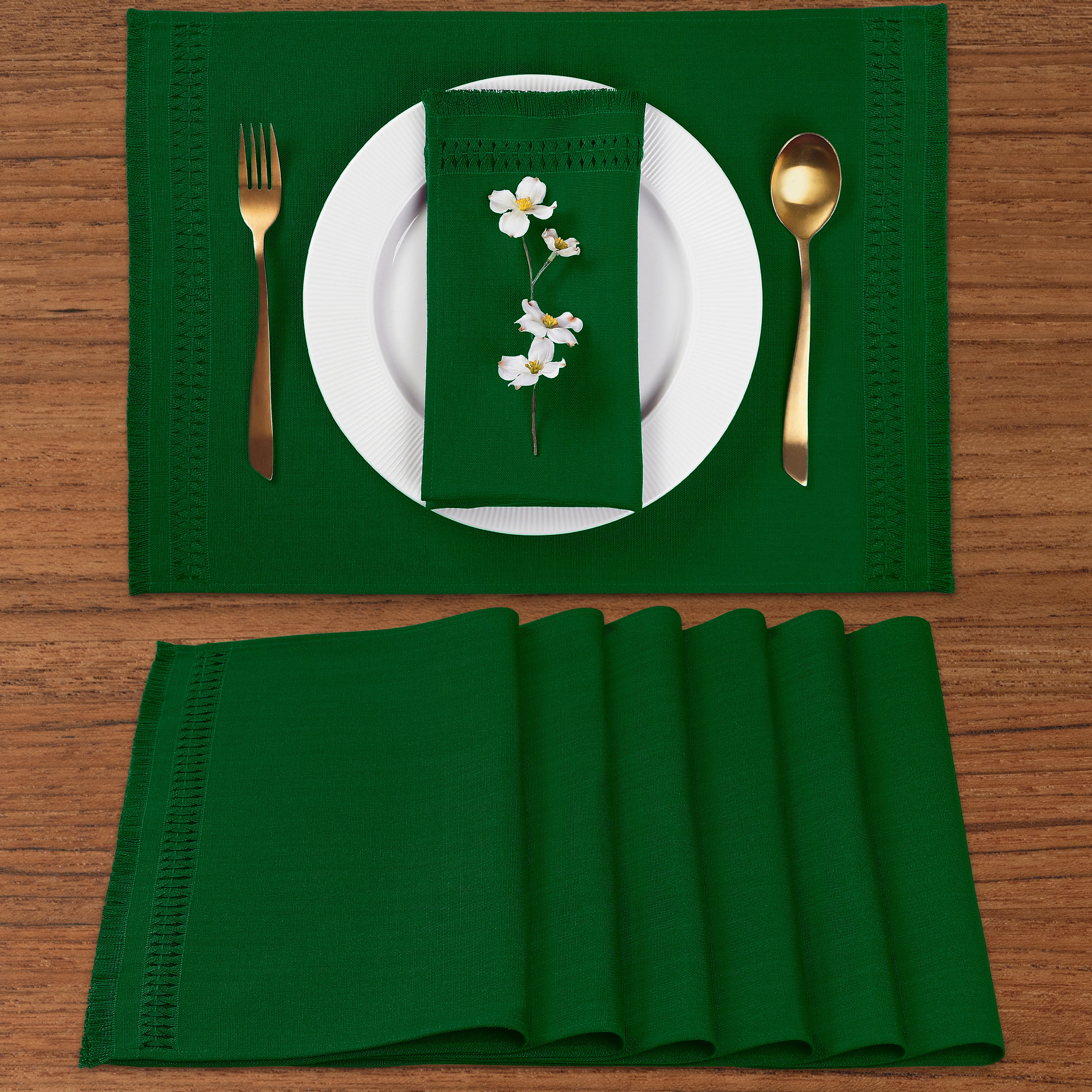 Eden green faux linen placemats with hand-hemstitch edge, 14 x 19 inches, set of 6