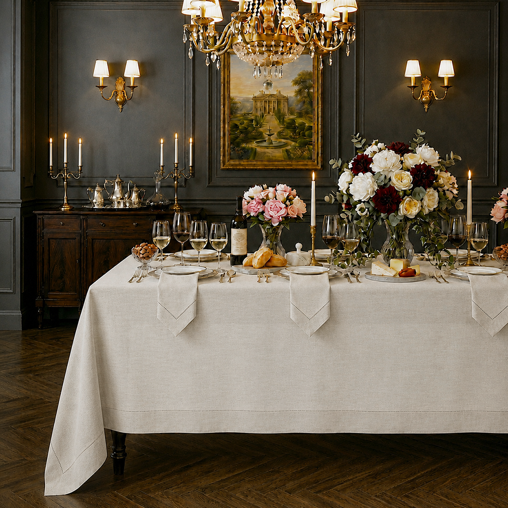 Light natural pure linen tablecloth with hemstitch edge, 52 x 52 inches