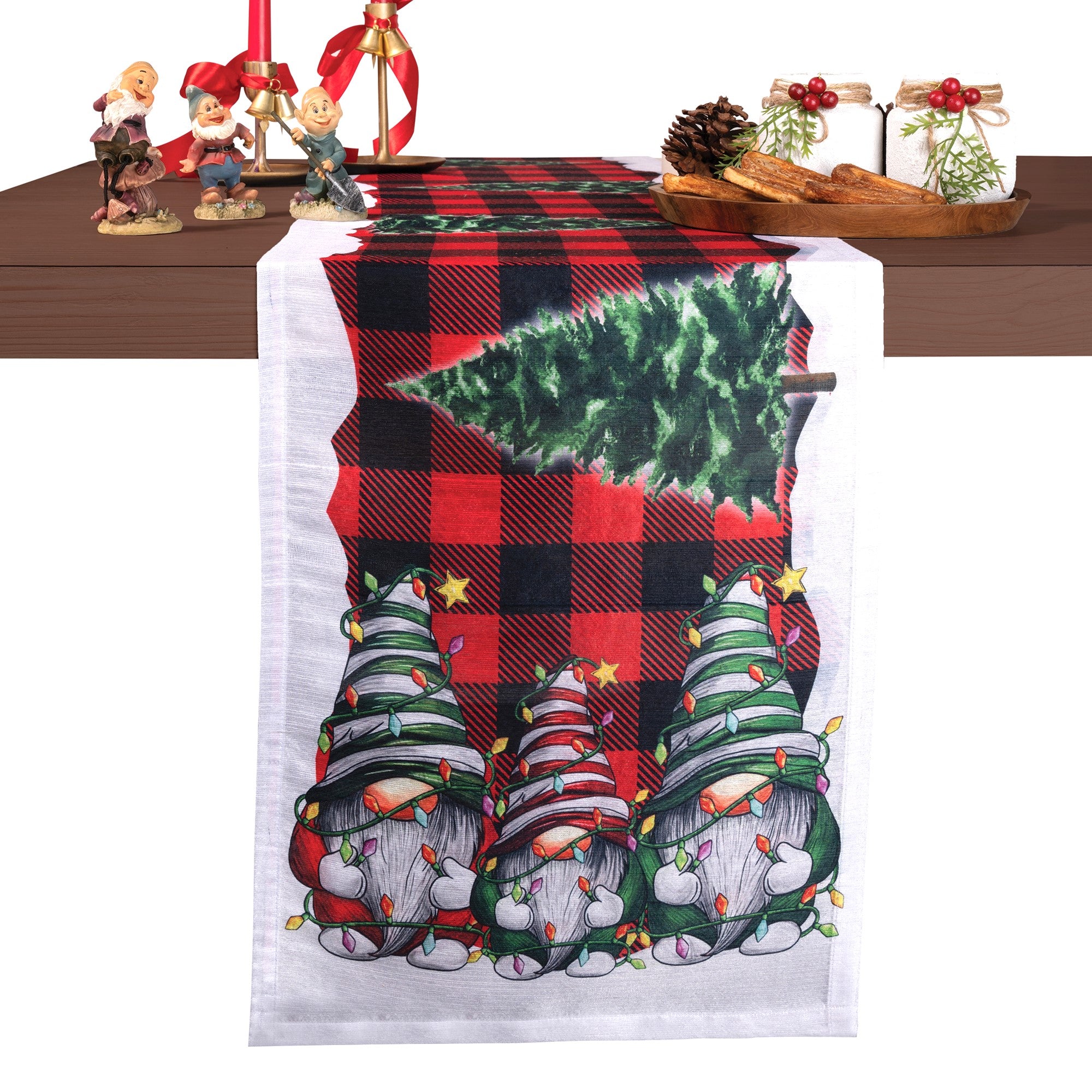 Gnomes plaid Luxe Shineβ’ table runner, 13 x 36 inches