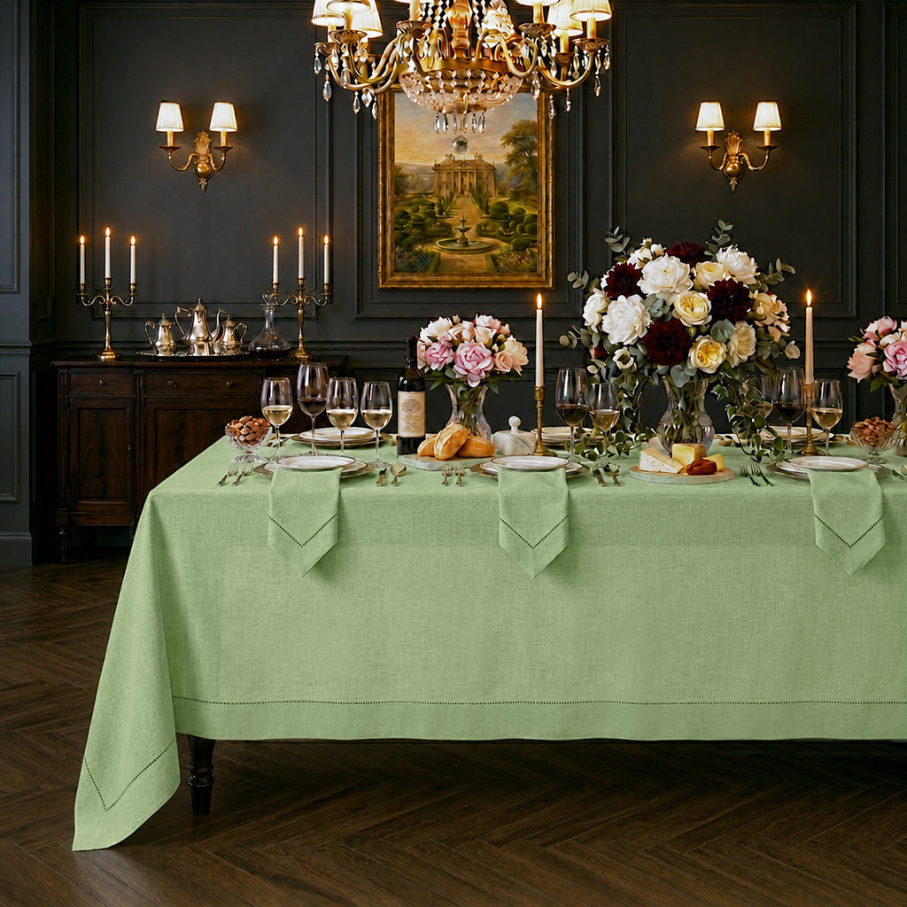 Sage green pure linen tablecloth with hemstitch edge, 52 x 52 inches