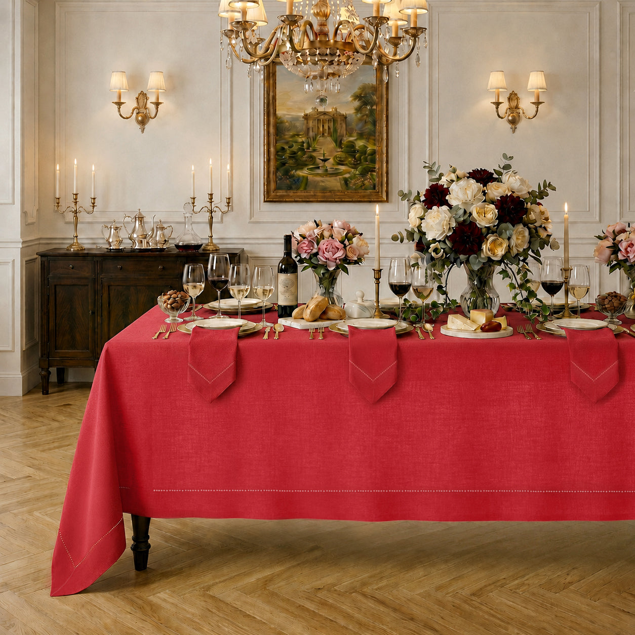Bright red pure linen tablecloth with hemstitch edge, 52 x 52 inches