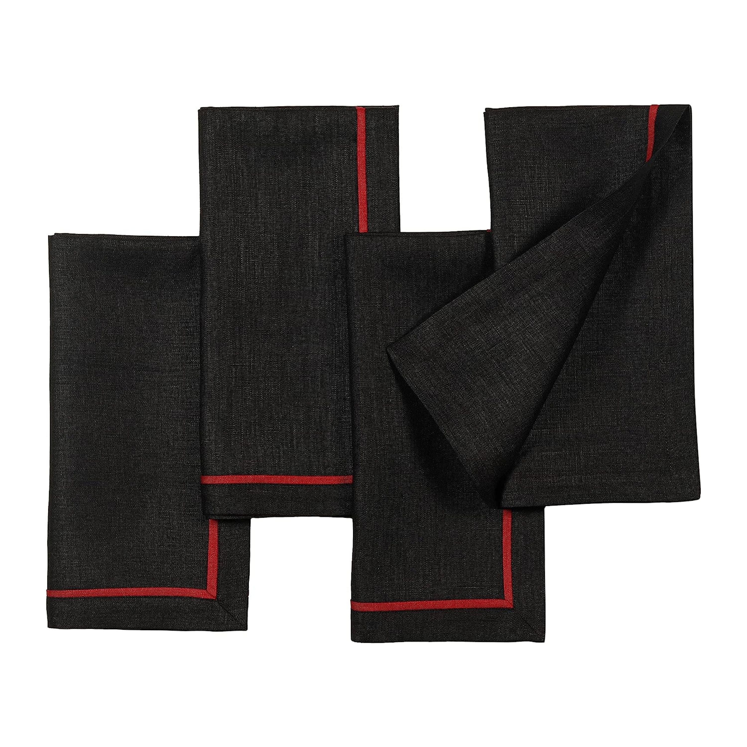 Black and red pure linen dinner napkins with reversible design, 20 x 20 inches, set of 4