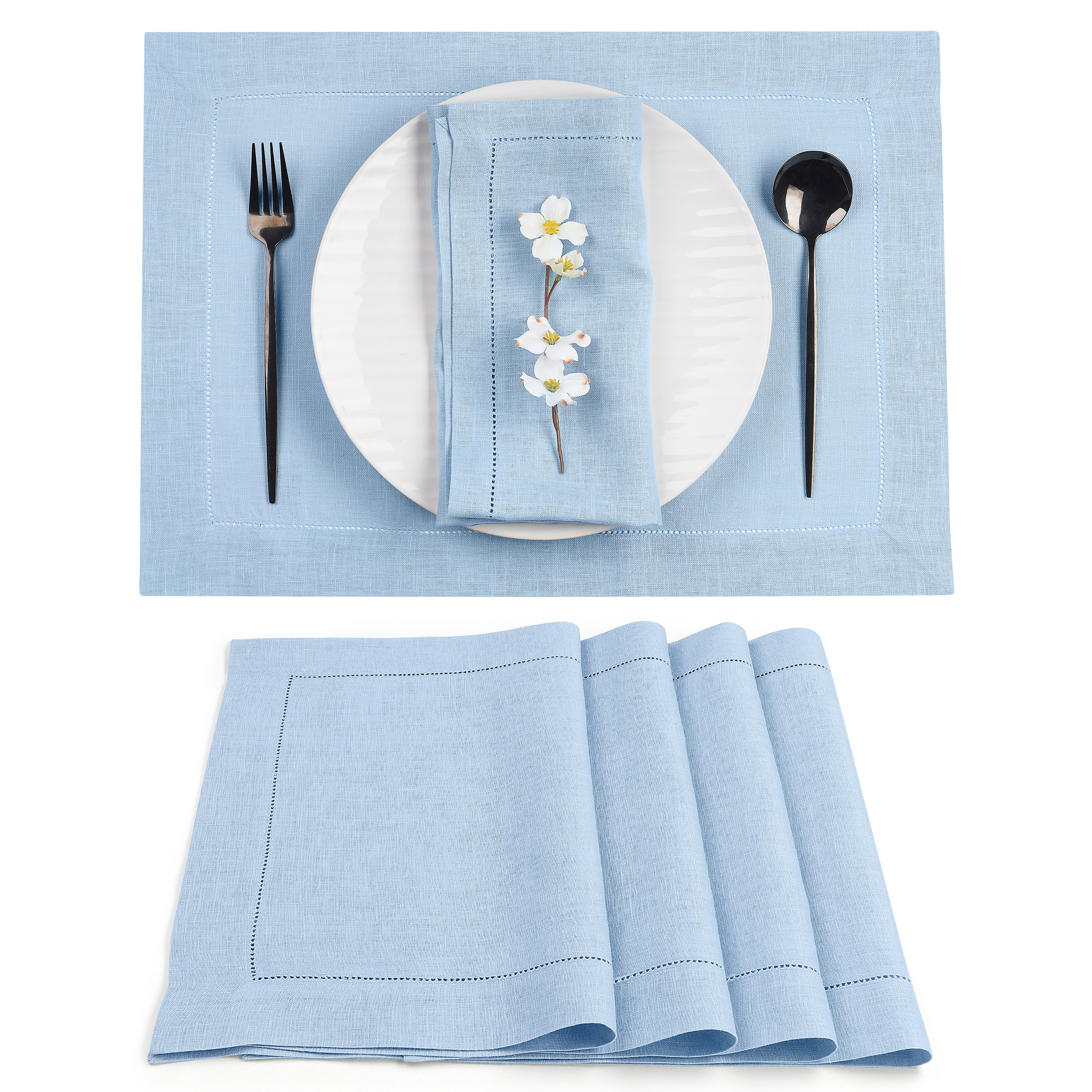Powder blue pure linen placemats with hemstitch edge, 14 x 19 inches, set of 4