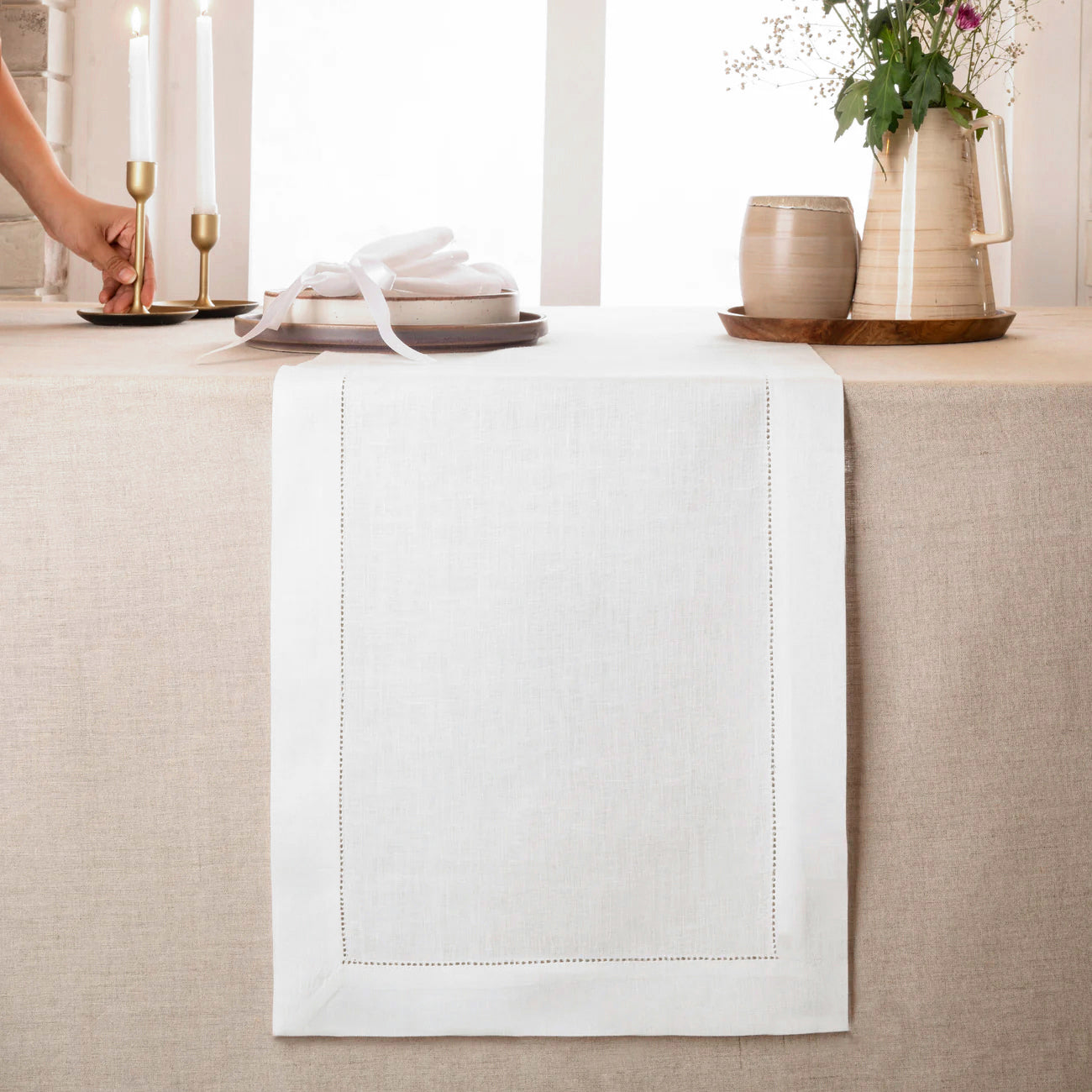 White Linen Table Runner, Hemstitch