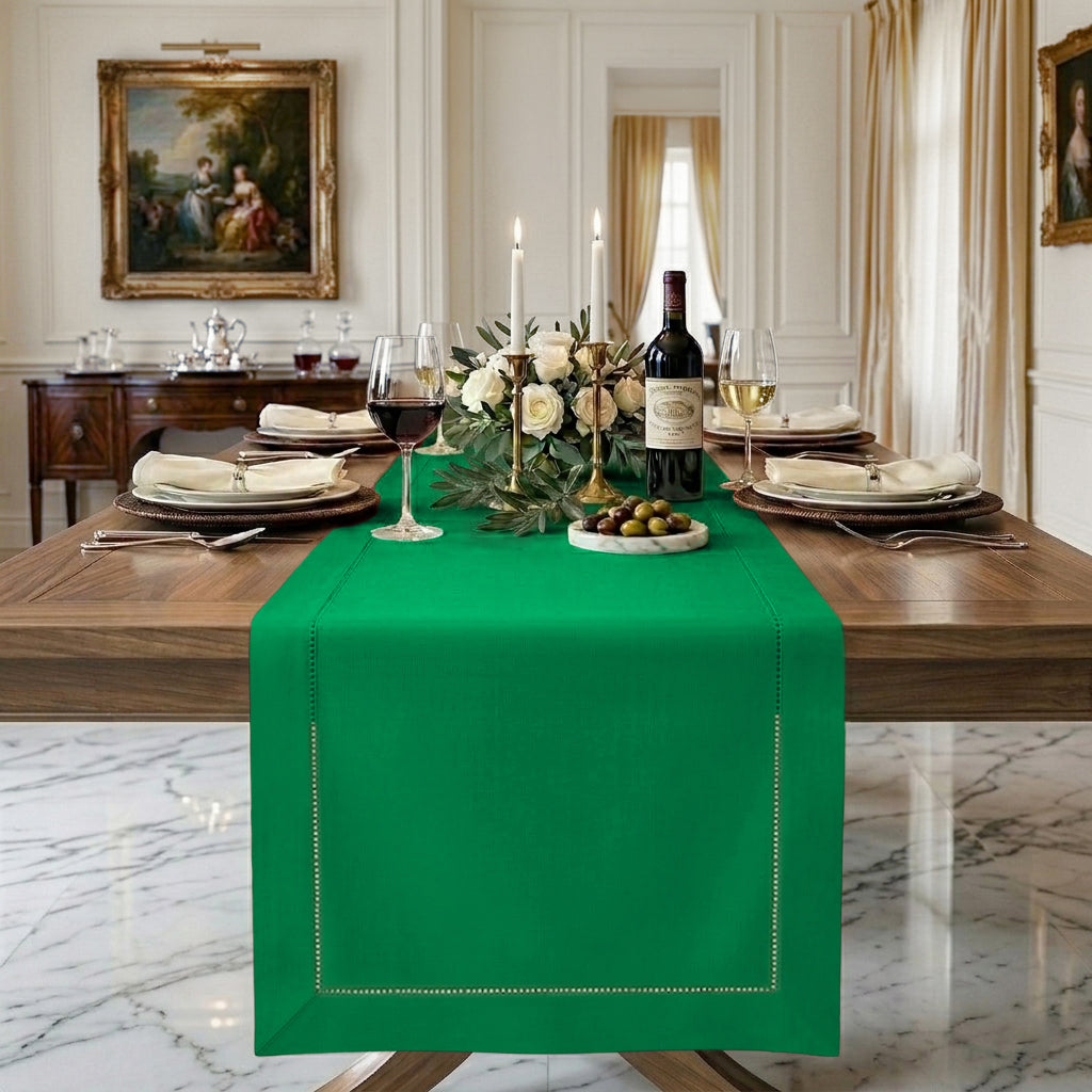 Kelly green pure linen table runner with hemstitch edge, 14 x 36 inches