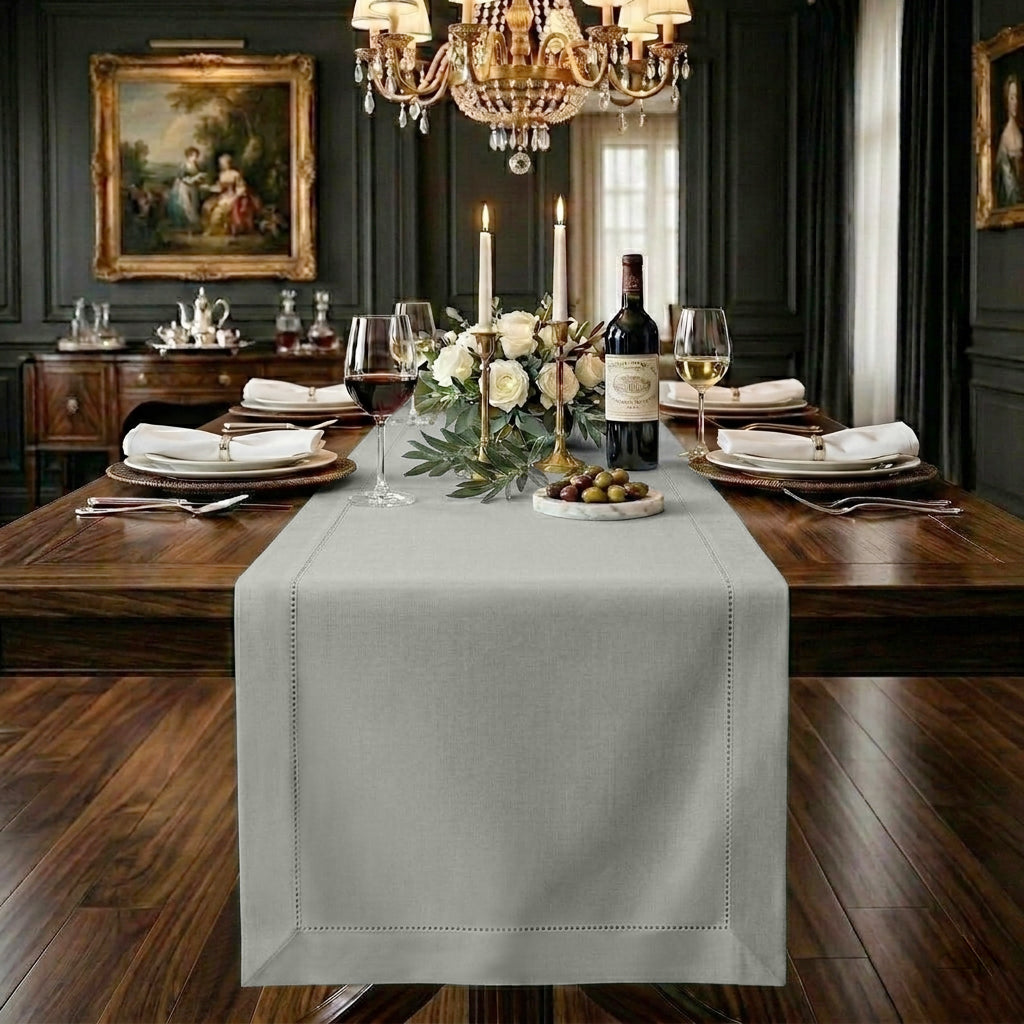 Silver grey pure linen table runner with hemstitch edge, 14 x 36 inches