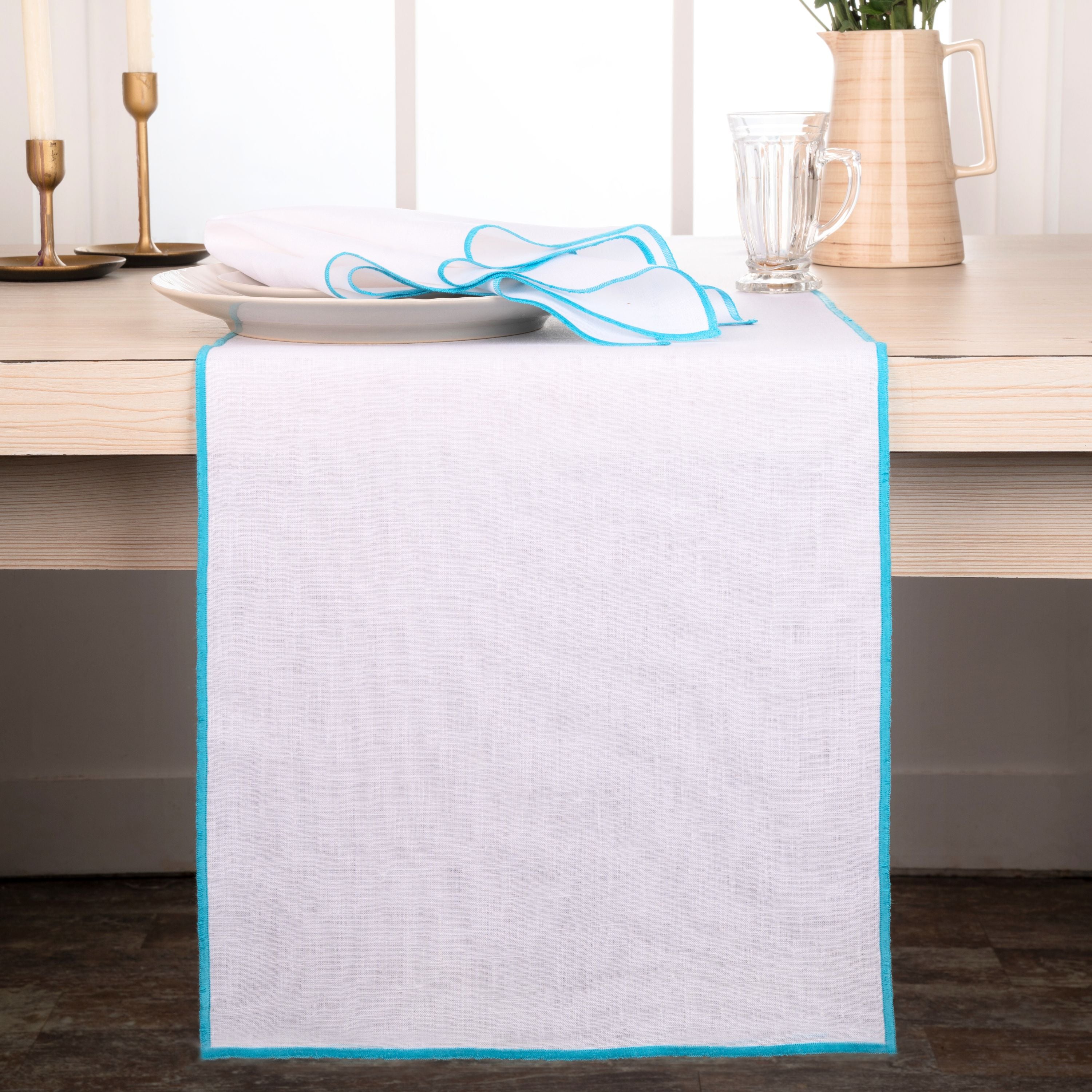 White and blue pure linen table runner with marrow edge, 14 x 72 inches