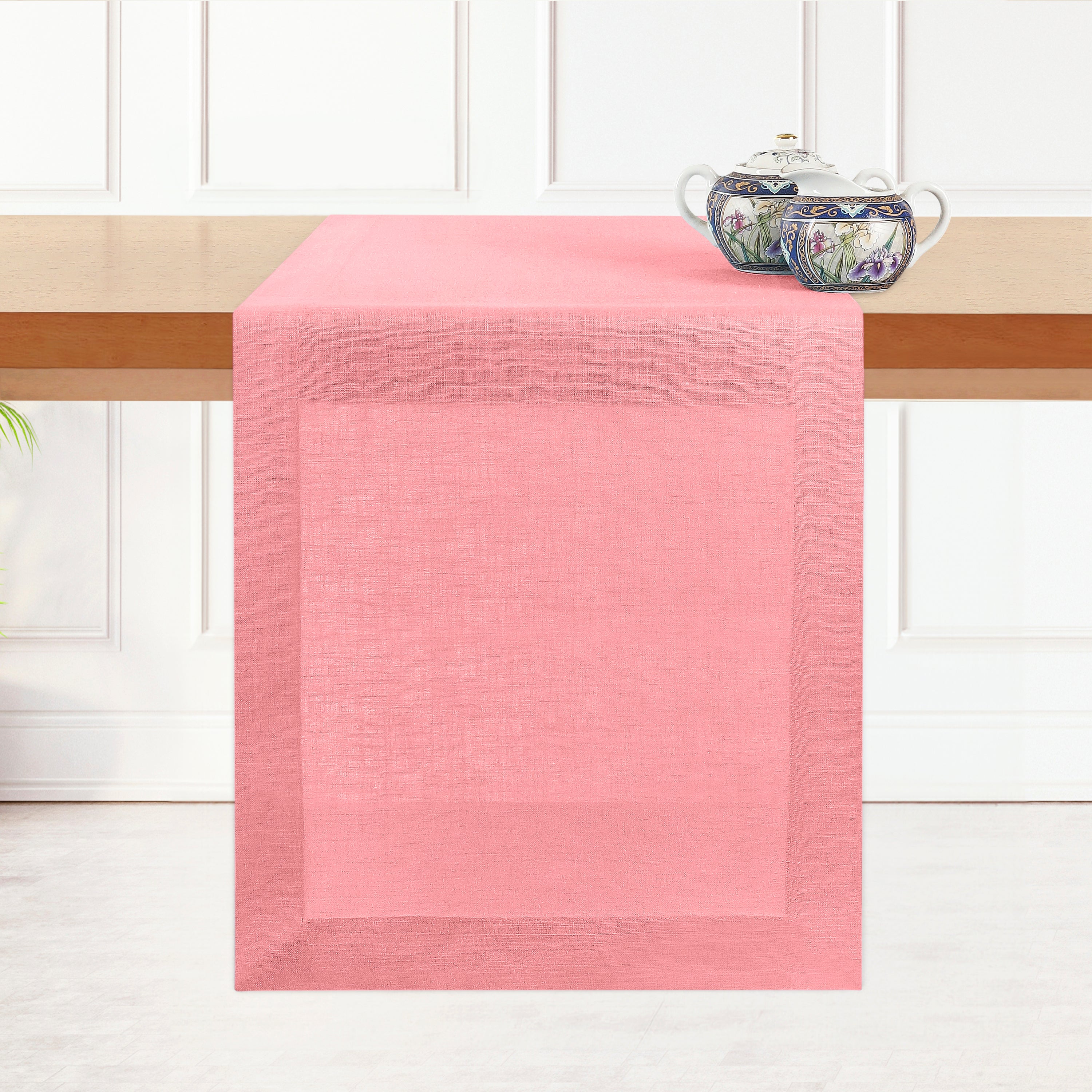 Dusty pink pure linen table runner with mitered corners, 14 x 36 inches