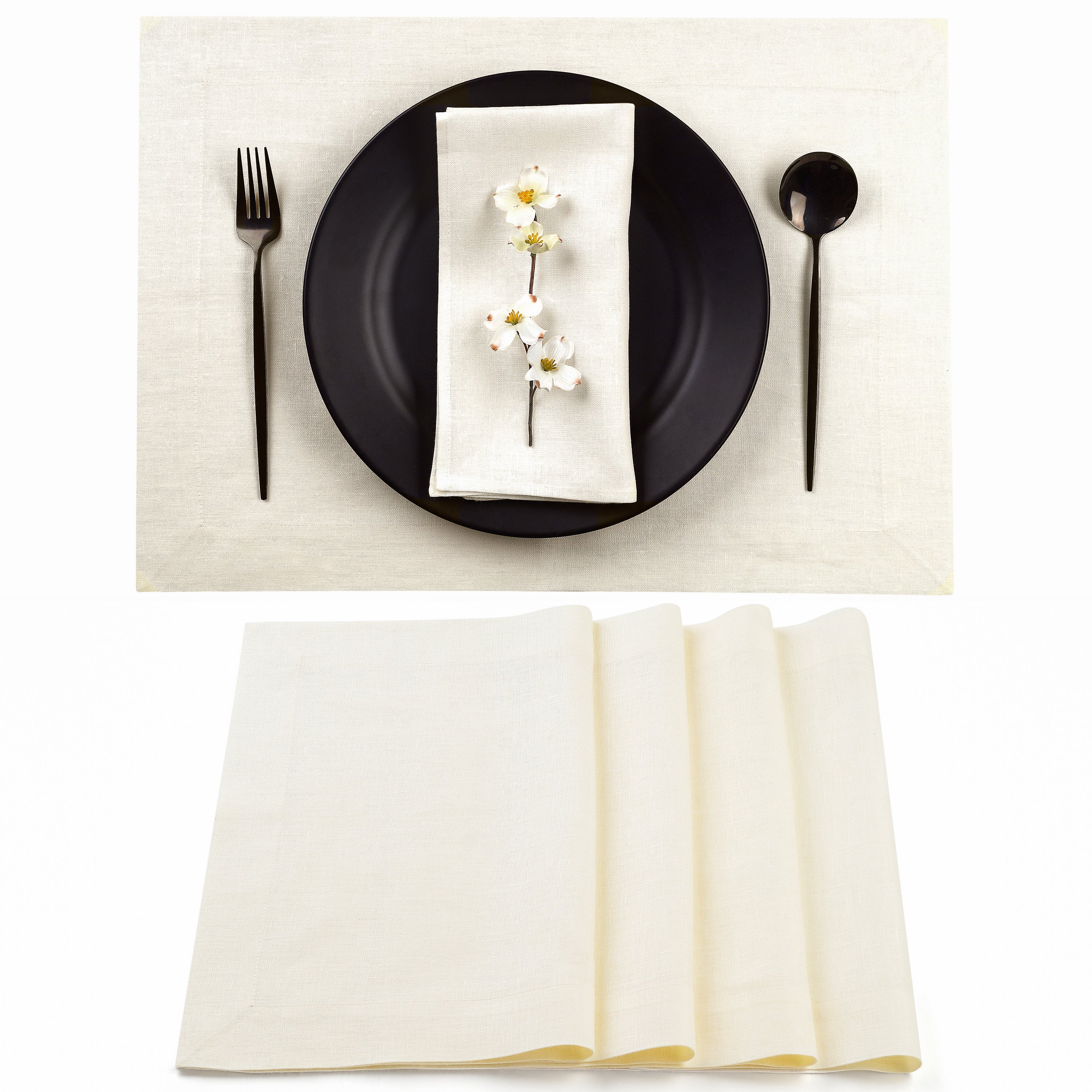 Ivory pure linen placemats with mitered corners, 14 x 19 inches, set of 4