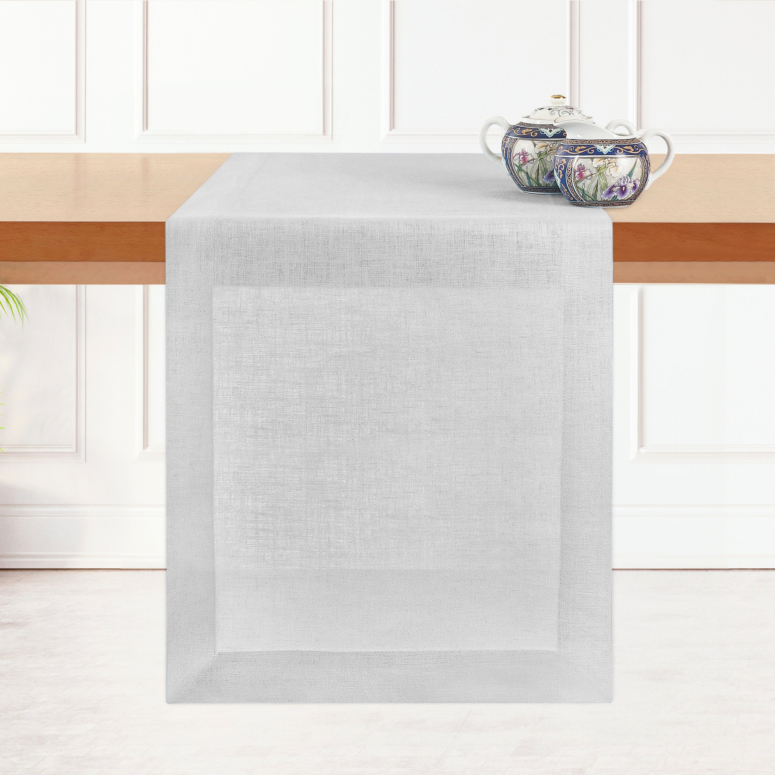 Silver grey linen table runner with hemmed edge, 14 x 36 inches