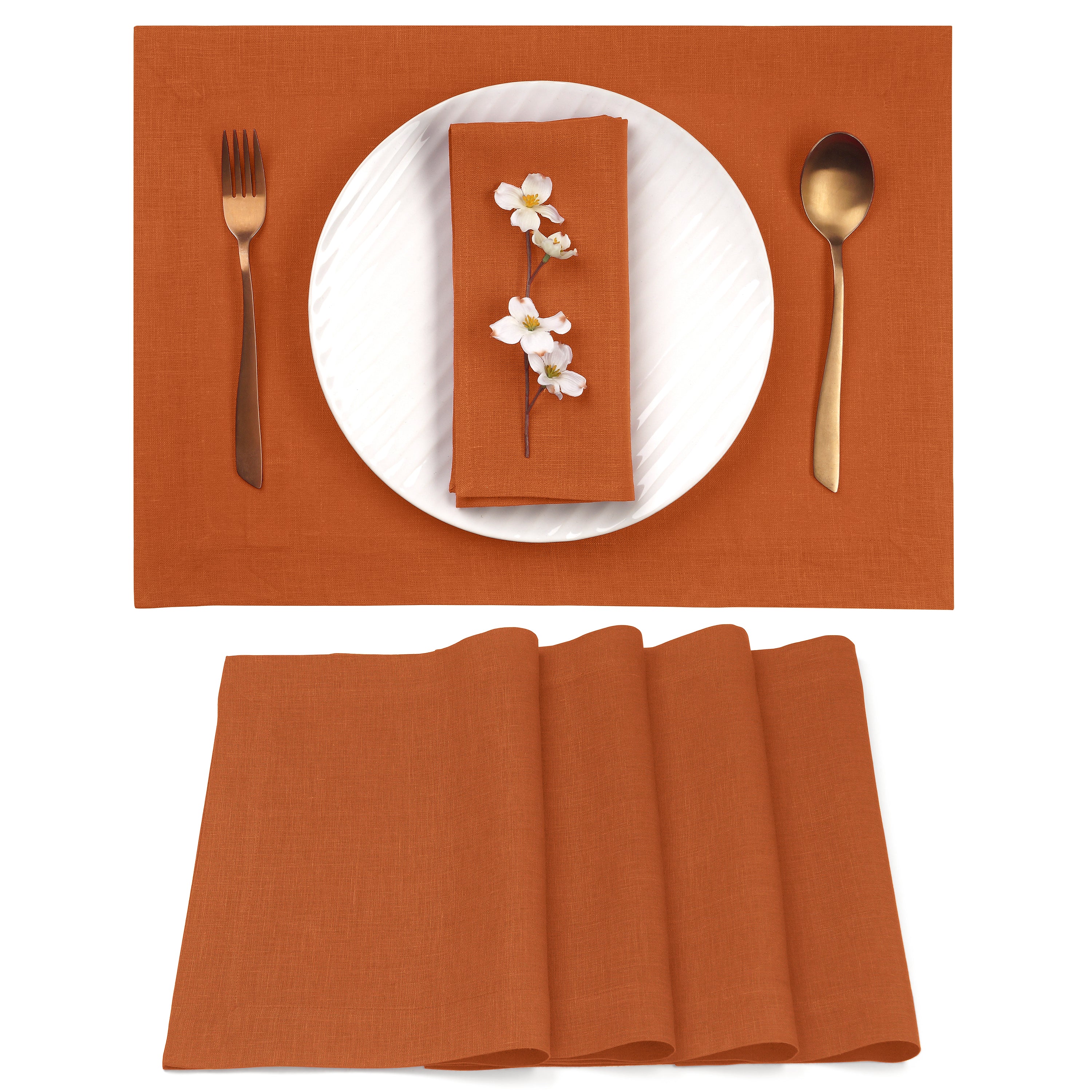 Rust pure linen placemats with mitered corners, 14 x 19 inches, set of 4