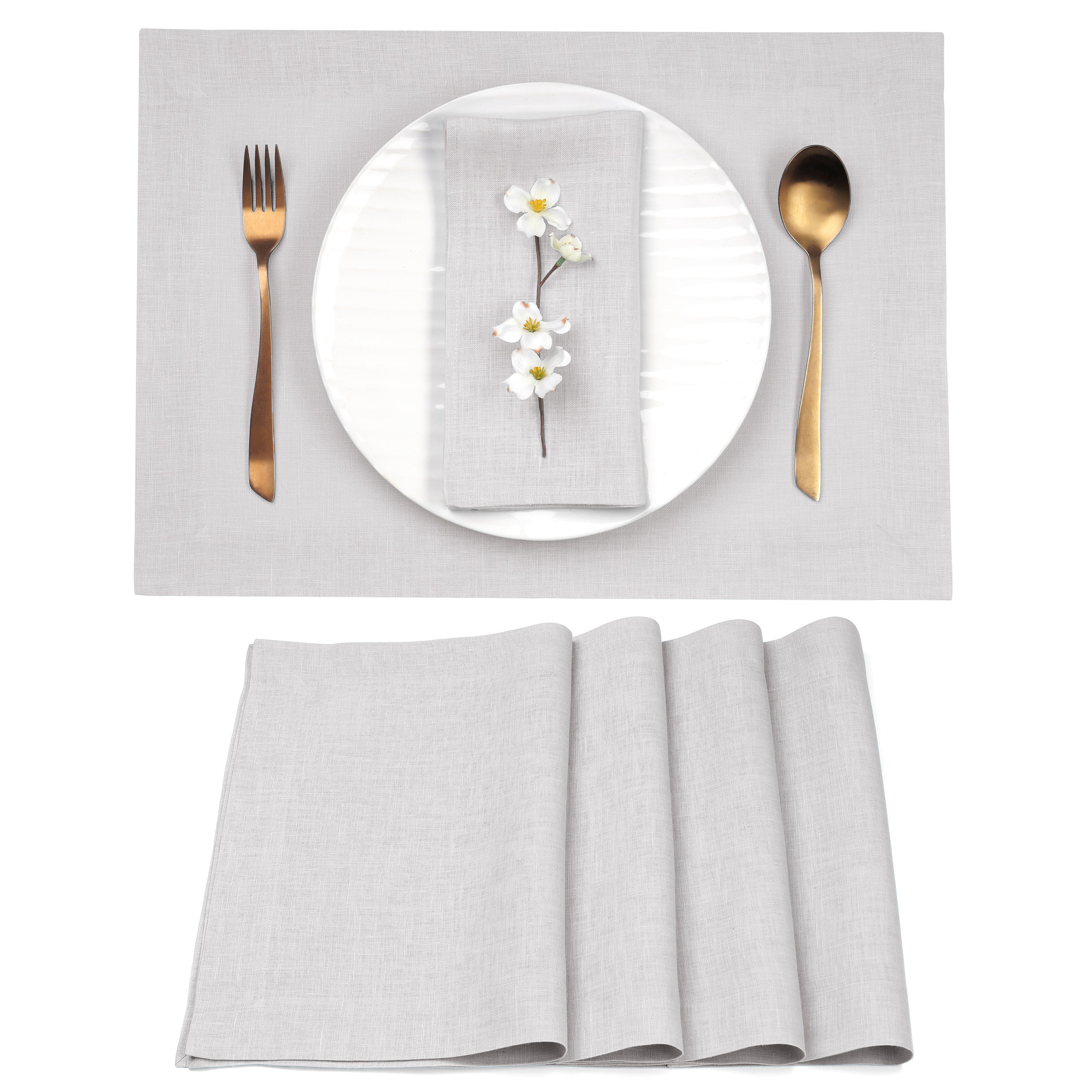 Silver grey pure linen placemats with mitered corners, 14 x 19 inches, set of 4