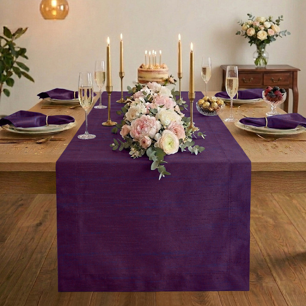 Purple Luxe Shine table runner with mitered corners, 14 x 36 inches
