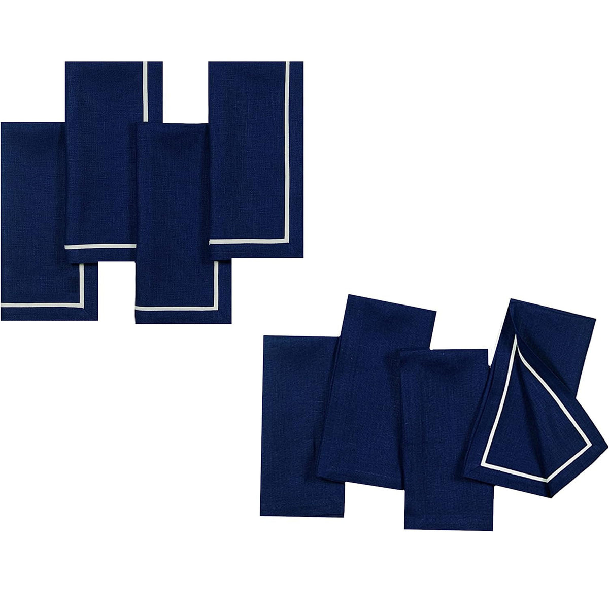 Navy blue and white pure linen dinner napkins styled on a dining table