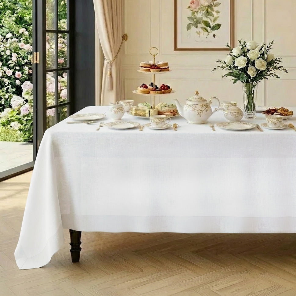 White pure linen tablecloth with mitered corners, 52 x 52 inches