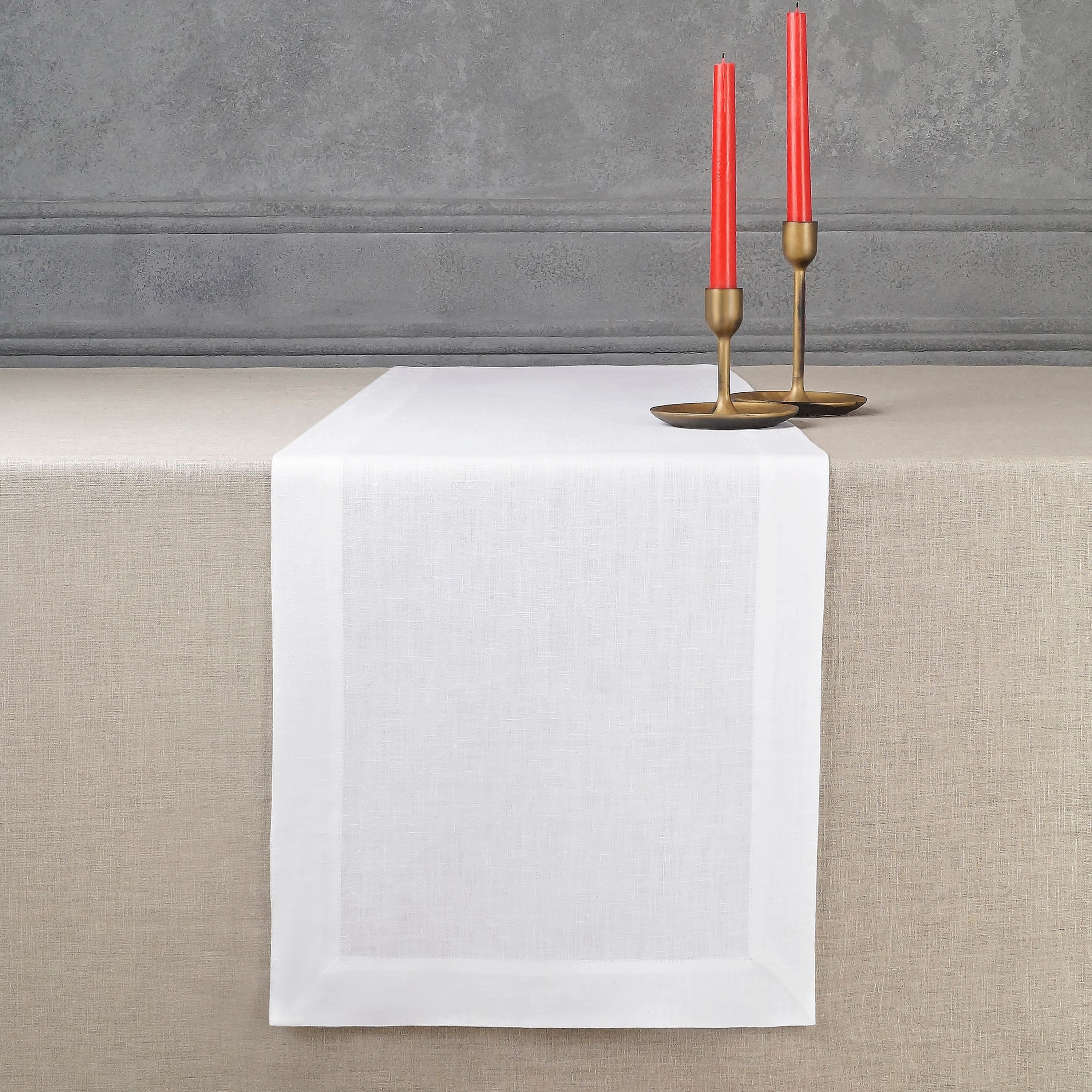 White linen table runner with hemmed edge, 14 x 36 inches