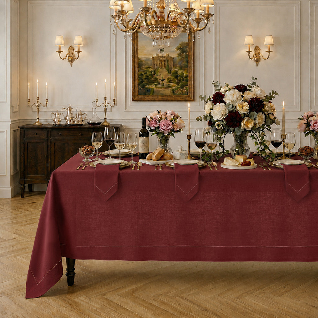 Dark red pure linen tablecloth with hemstitch edge, 52 x 52 inches