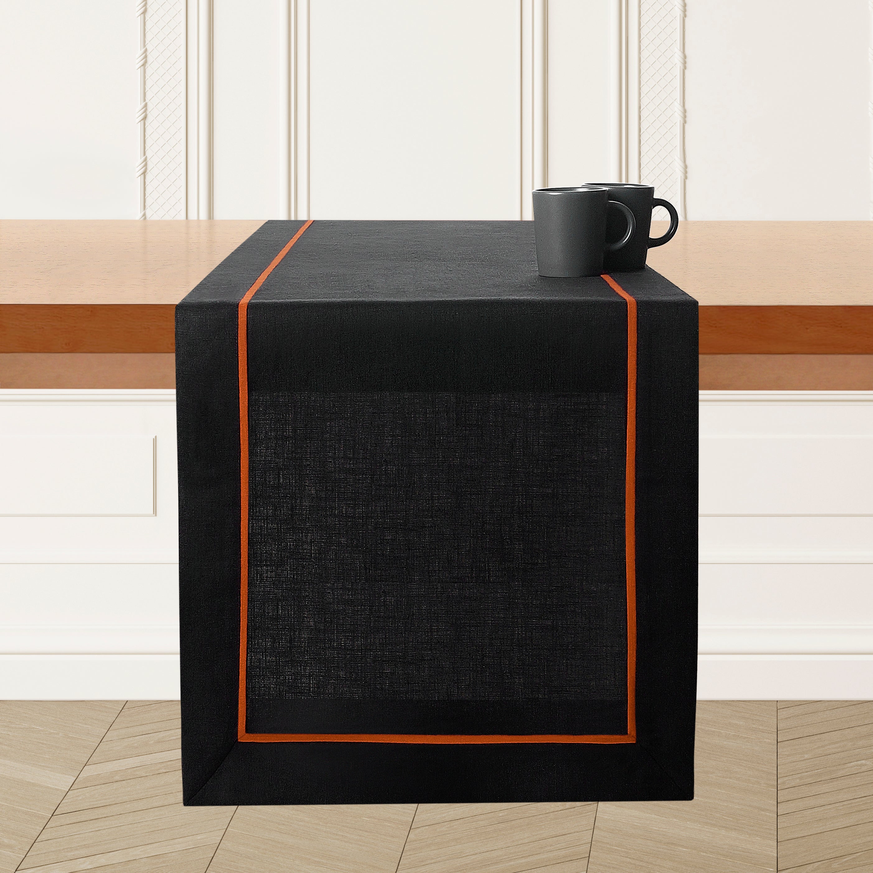 Black and rust pure linen table runner with reversible design, 14 x 36 inches