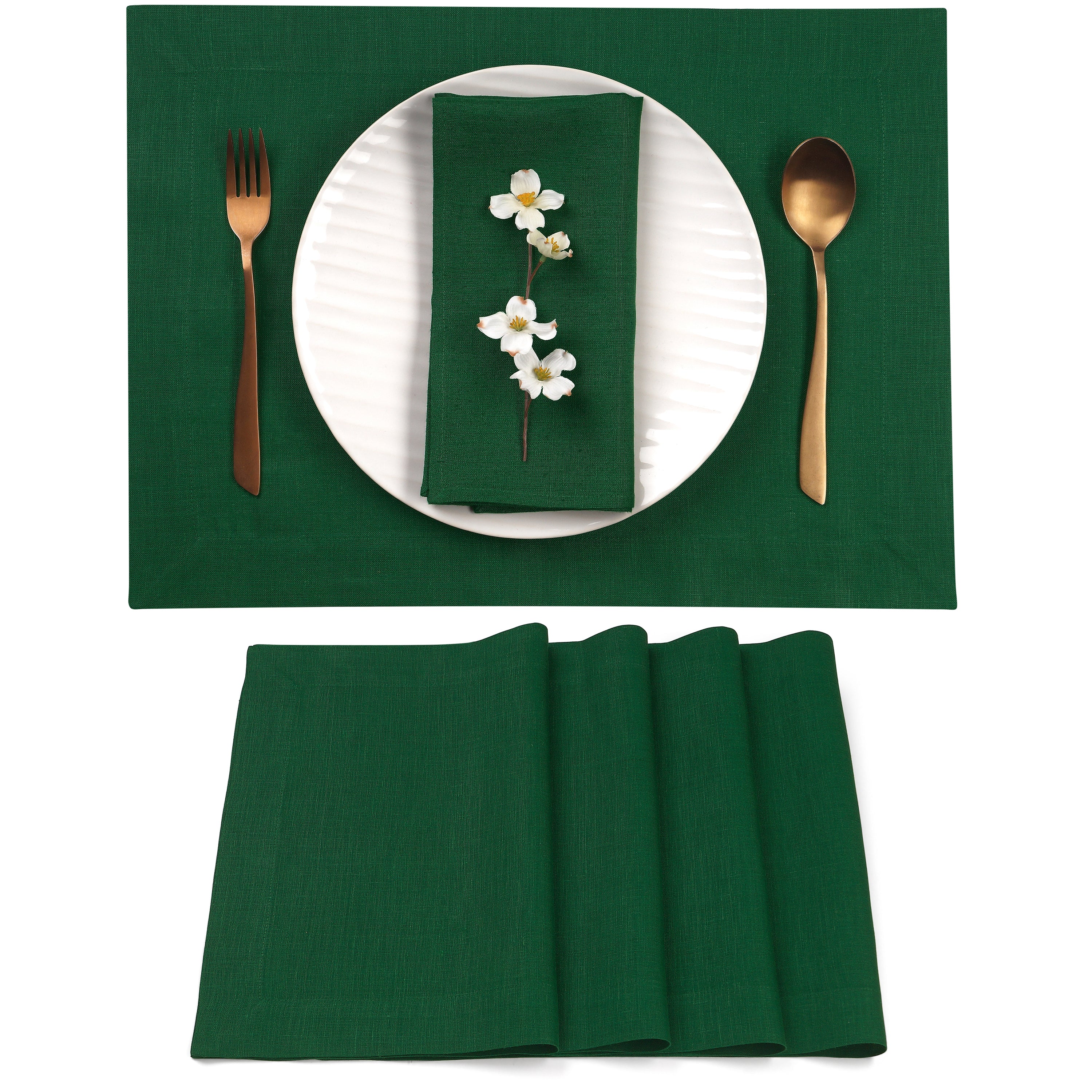 Forest green pure linen placemats with mitered corners, 14 x 19 inches, set of 4