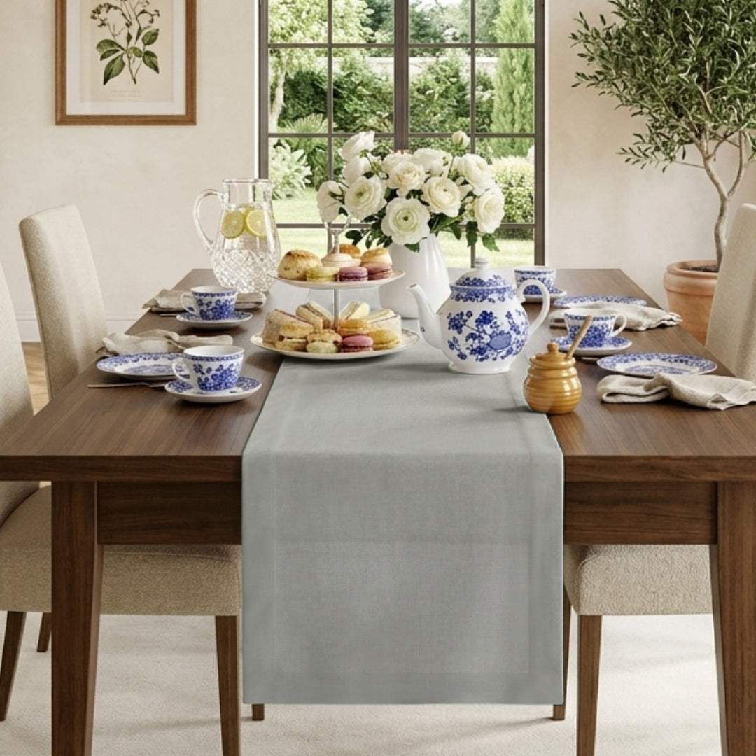 Silver grey pure linen table runner with mitered corners, 14 x 36 inches