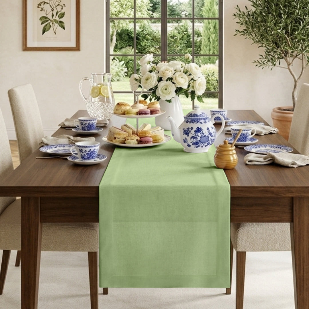 Sage green pure linen table runner with mitered corners, 14 x 36 inches