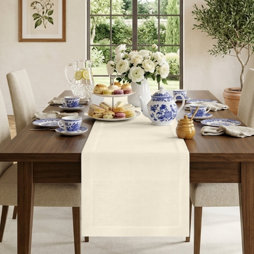 Ivory pure linen table runner with mitered corners, 14 x 36 inches