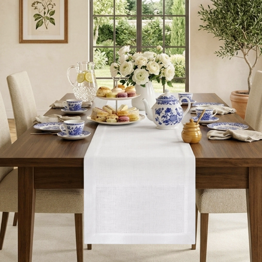 White pure linen table runner with mitered corners, 14 x 36 inches