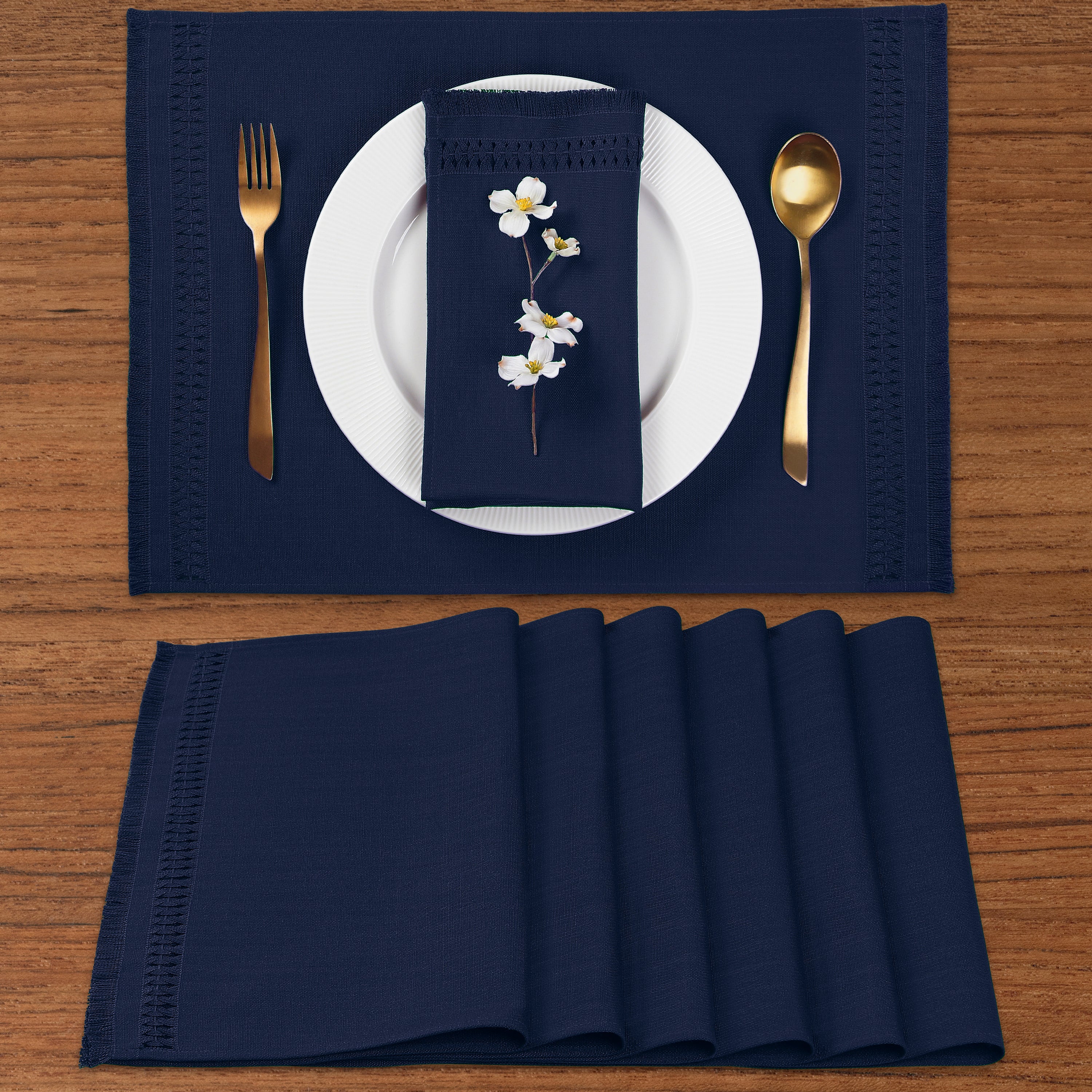 Navy blue faux linen placemats with hand-hemstitch edge, 14 x 19 inches, set of 6