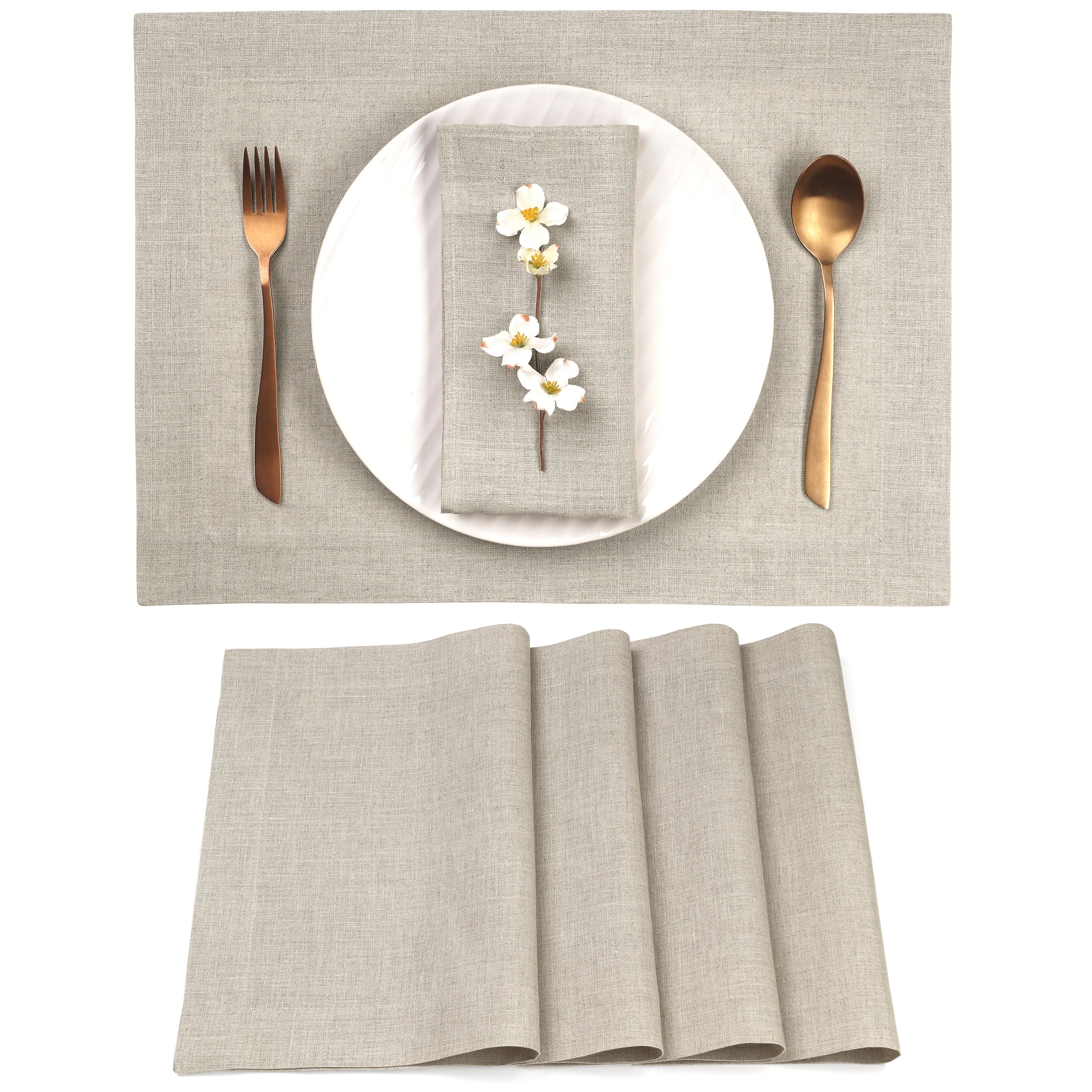 Natural pure linen placemats with mitered corners, 14 x 19 inches, set of 4