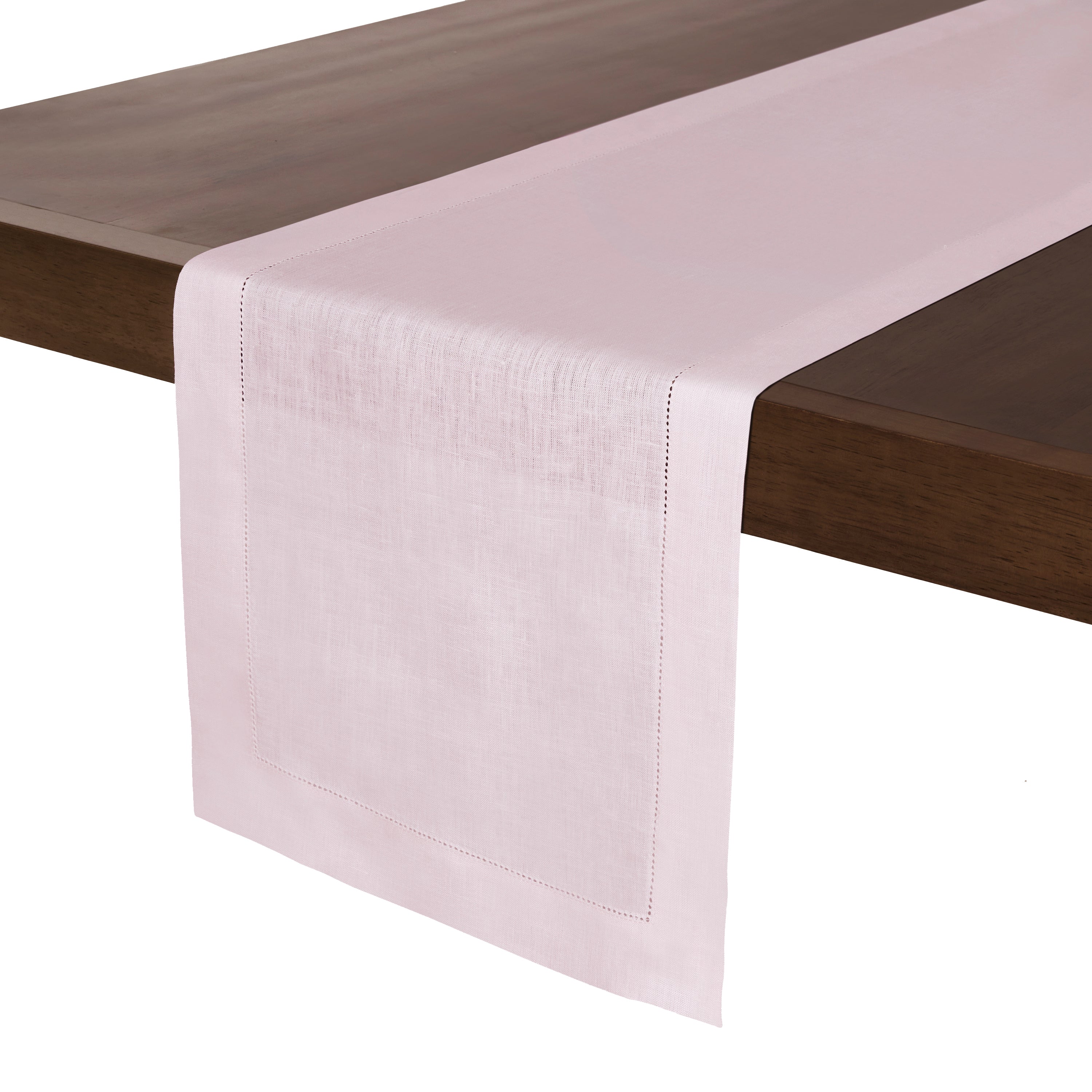 Pastel pink linen table runner with hemstitch edge, 14 x 36 inches