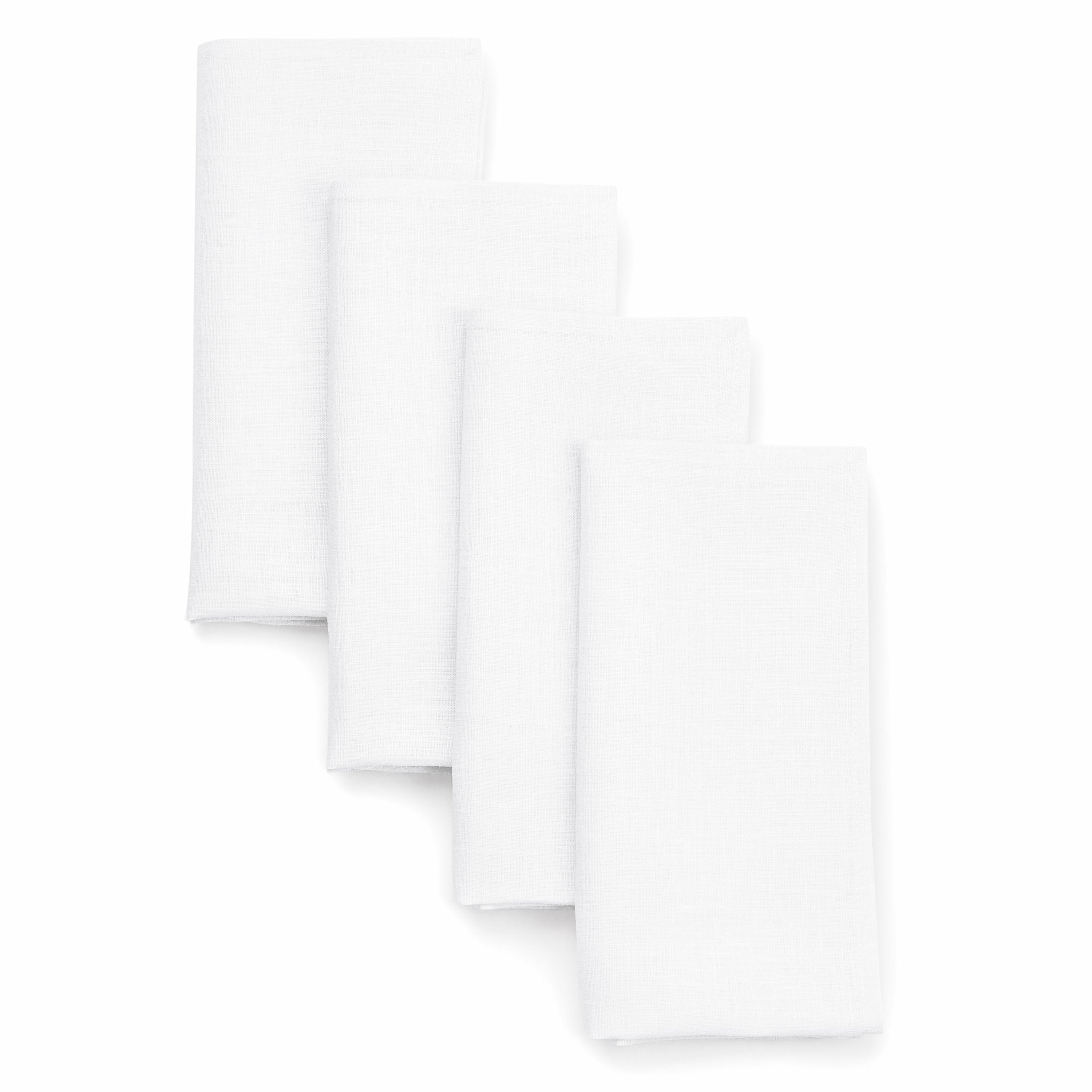 White pure linen dinner napkins with mitered corners, 17 x 17 inches, set of 4