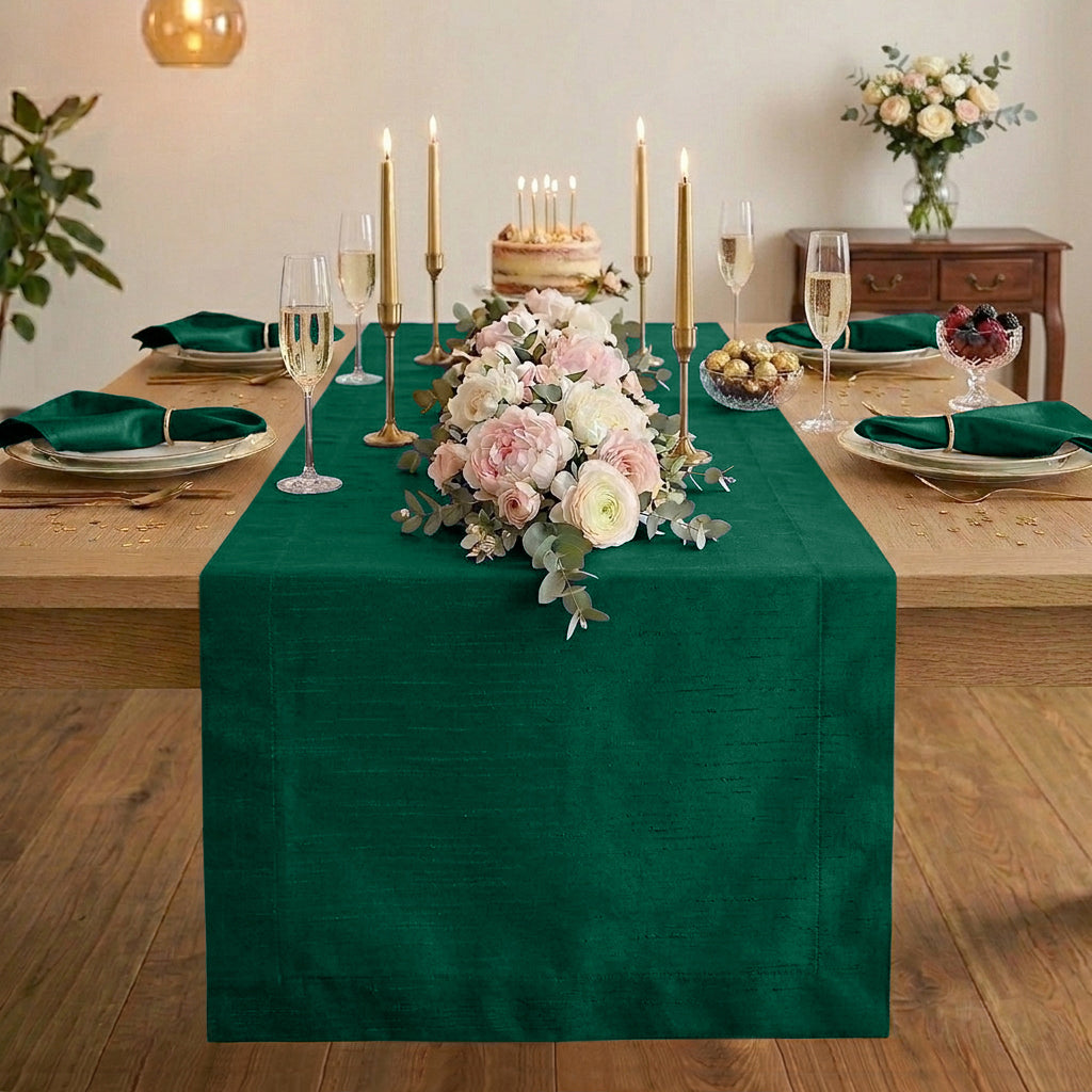 Emerald green Luxe Shine table runner with mitered corners, 14 x 36 inches