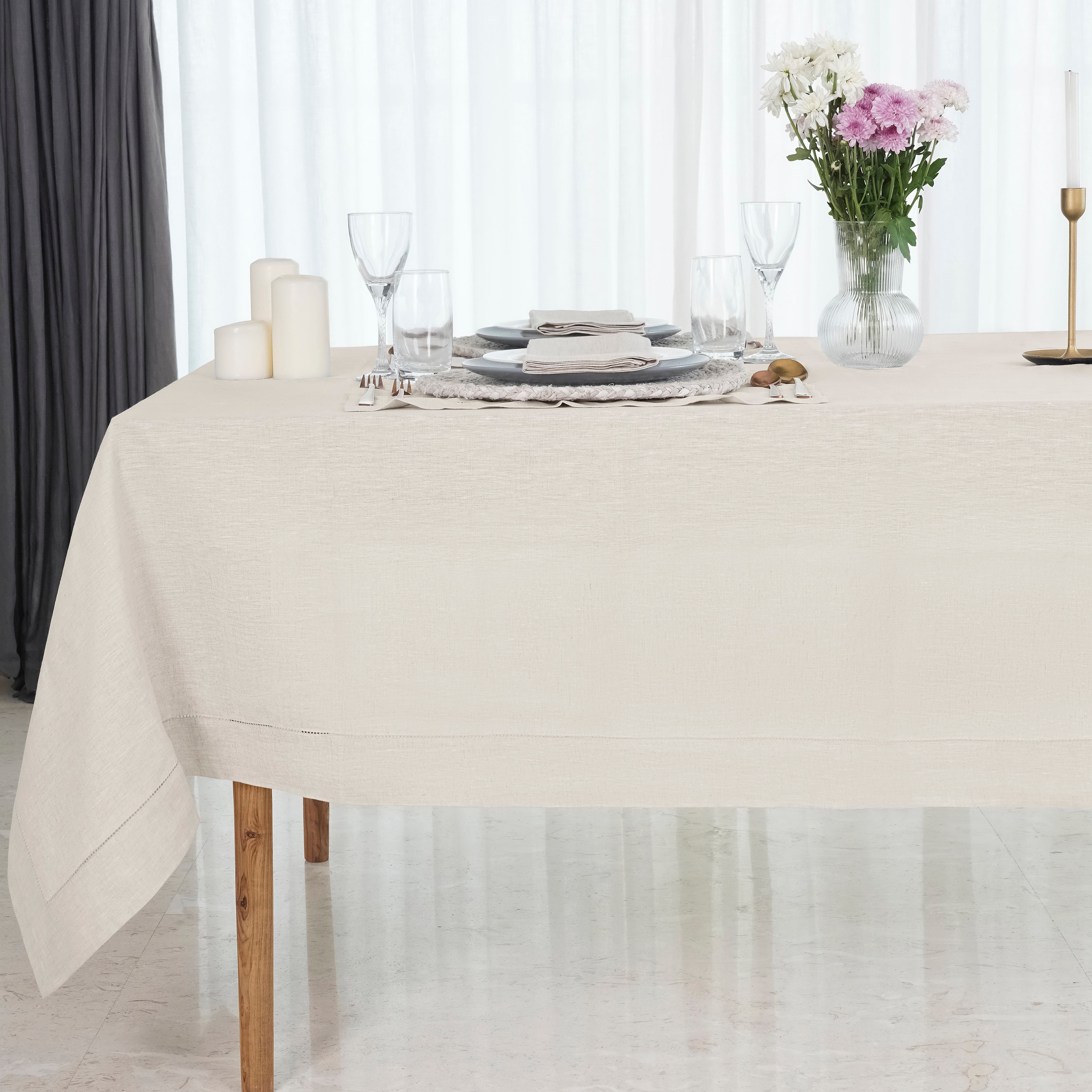 Light Natural Pure Linen Tablecloth, Hemstitch
