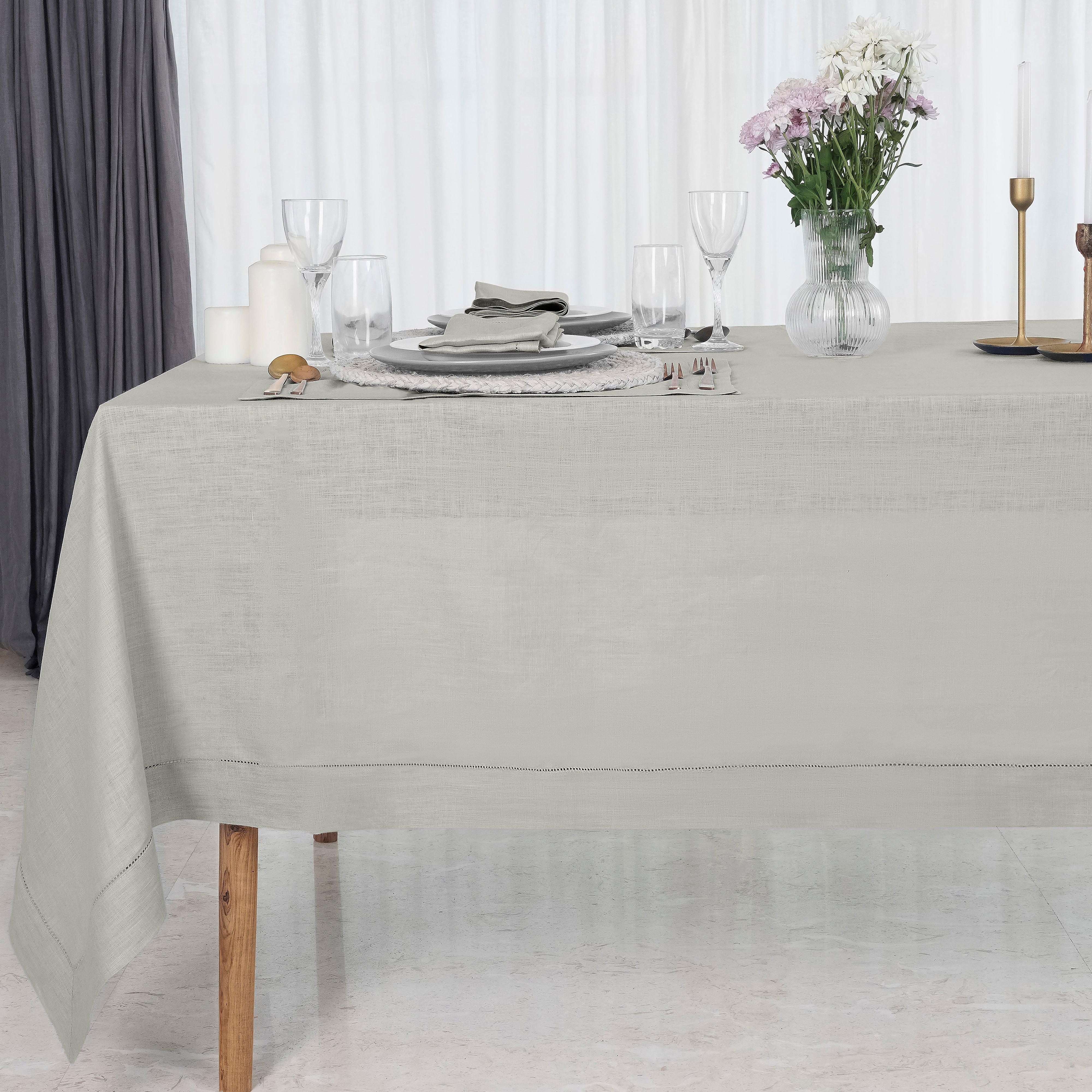 Silver grey pure linen tablecloth with hemstitch edge, 52 x 52 inches