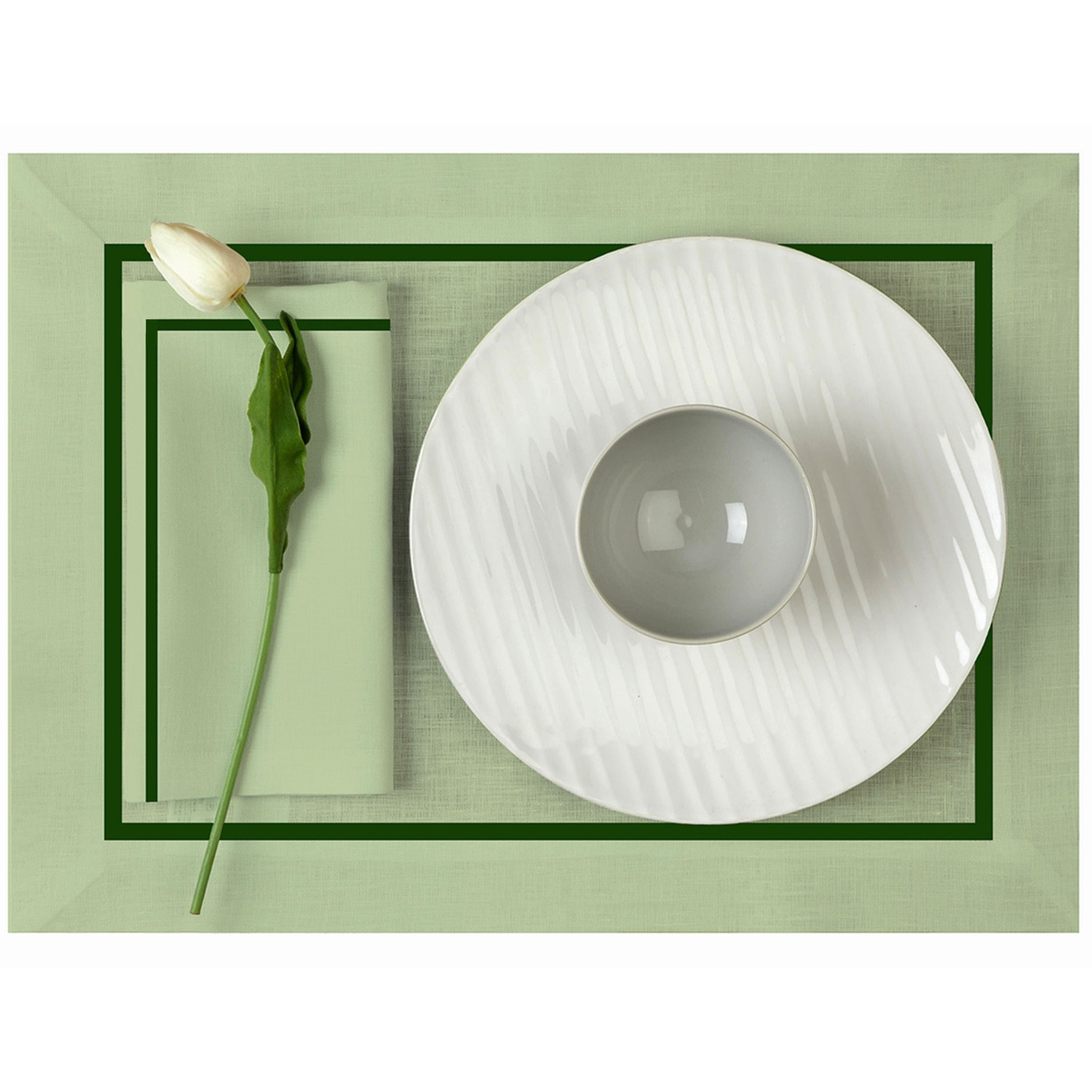 Sage green and forest pure linen placemats with reversible design, 14 x 19 inches, set of 4