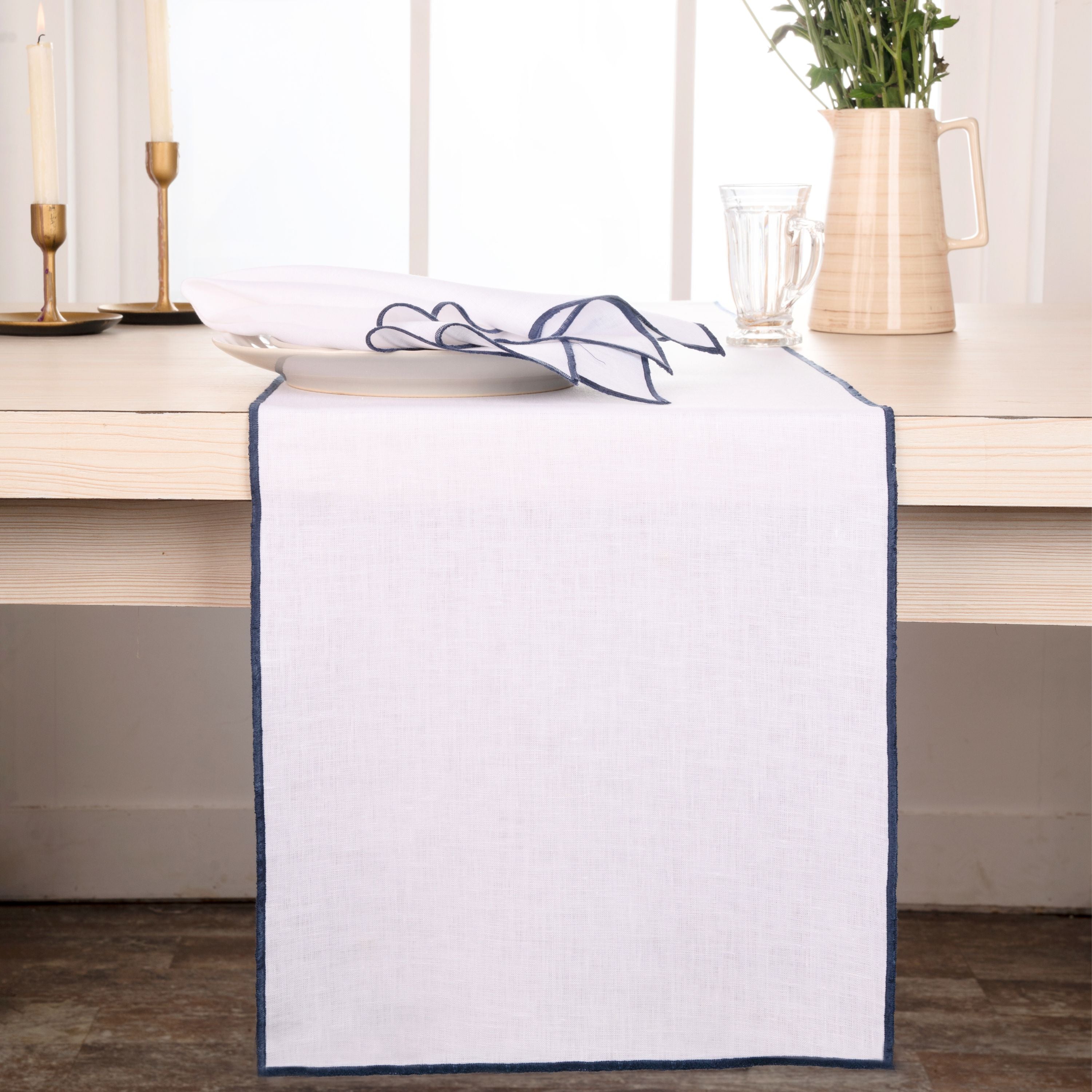 White and navy blue pure linen table runner with marrow edge, 14 x 72 inches