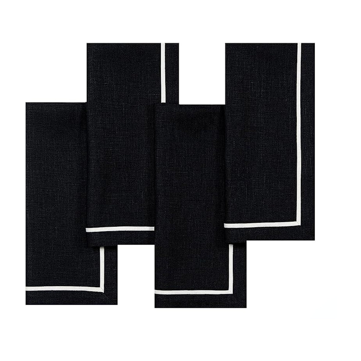 Black and white pure linen dinner napkins with reversible design, 20 x 20 inches, set of 4