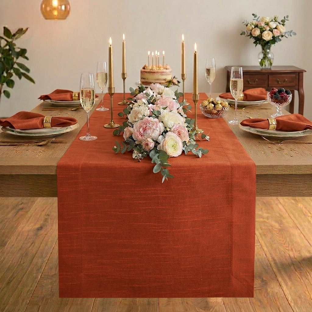 Rust Luxe Shine table runner with mitered corners, 14 x 36 inches
